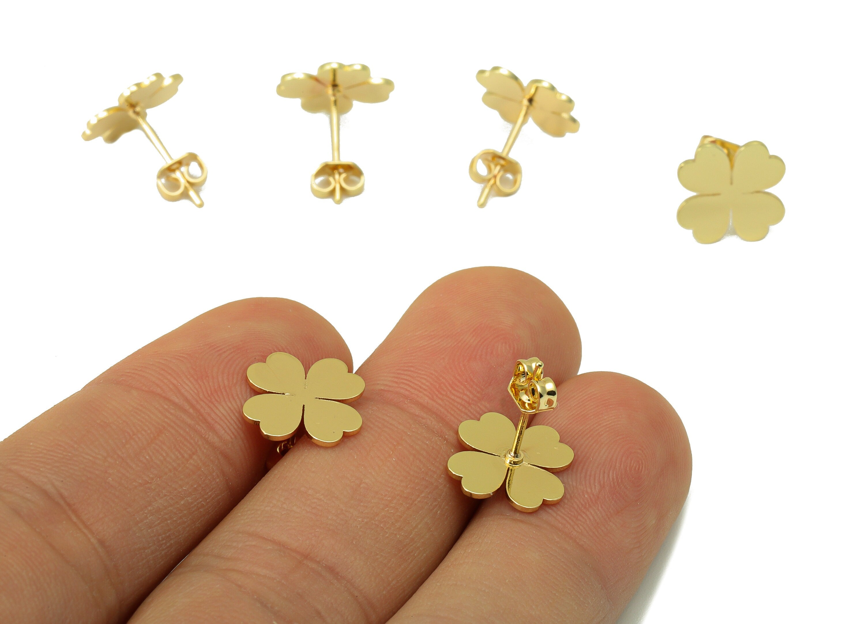 Brass Heart Earring Stud - Brass Heart Earring Post - Four Leaf Clover - Gold Clover Earring- 18K Real Gold Plated - 11x 11x 0.63mm-RGP6585G - DOMEDBAZAAR