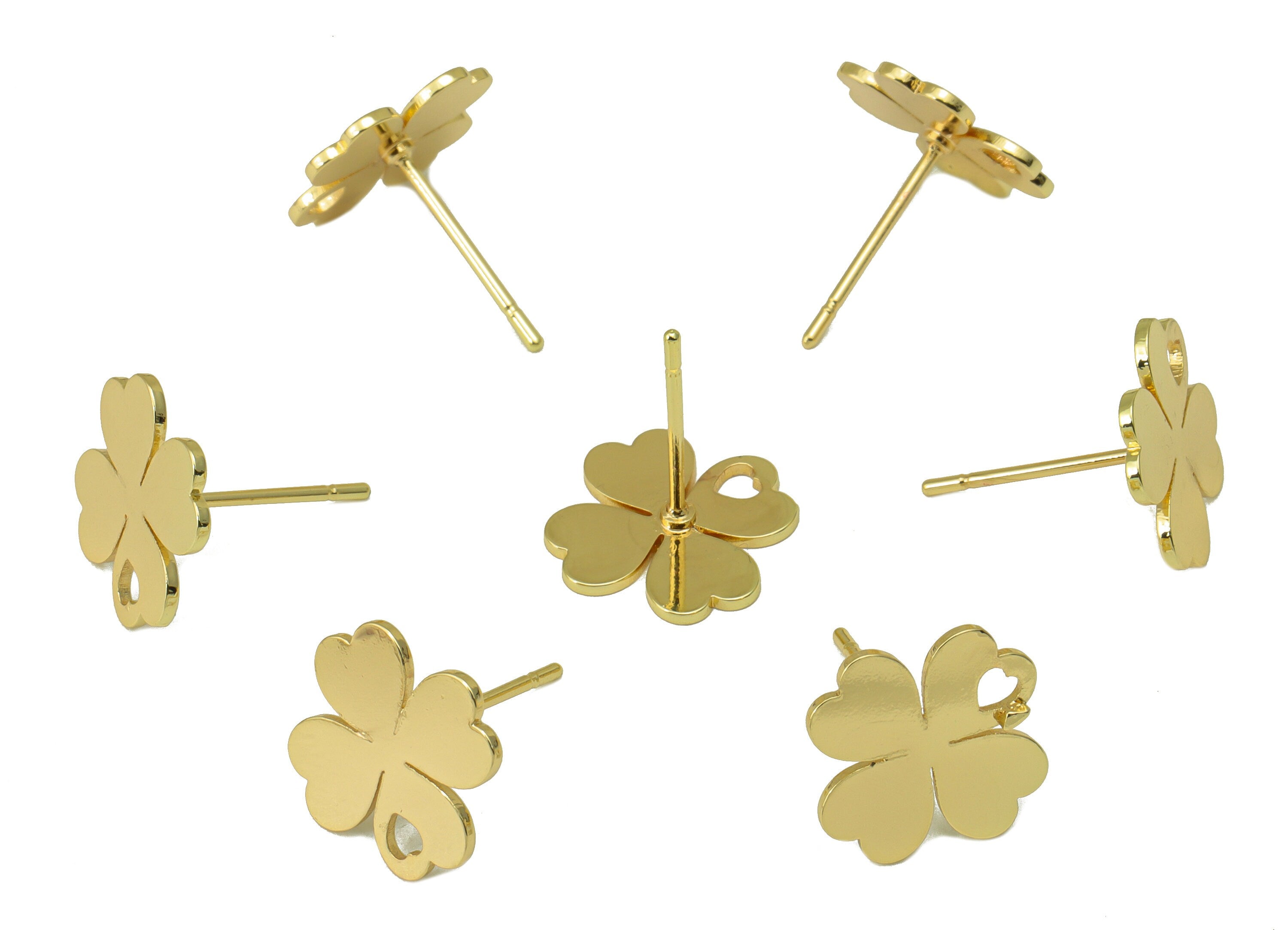 Brass Heart Earring Stud - Heart Earring Post With Hole - Four Leaf Clover - Gold Clover Earring- 18K Real Gold Plated - 11x11x1mm-RGP6584G - DOMEDBAZAAR