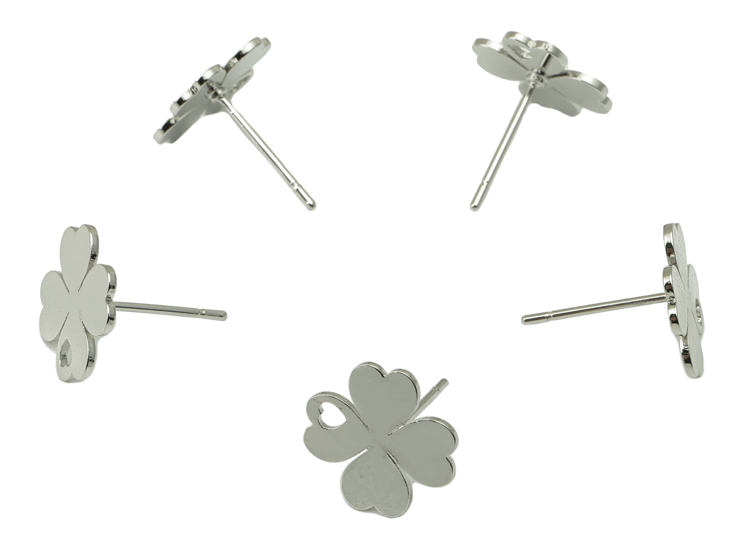 Brass Heart Earring Stud - Earring Post With Hole - Four Leaf Clover - Silver Clover Earring -18K Real White Gold Plated- 11x11x1mm-RGP6584S - DOMEDBAZAAR