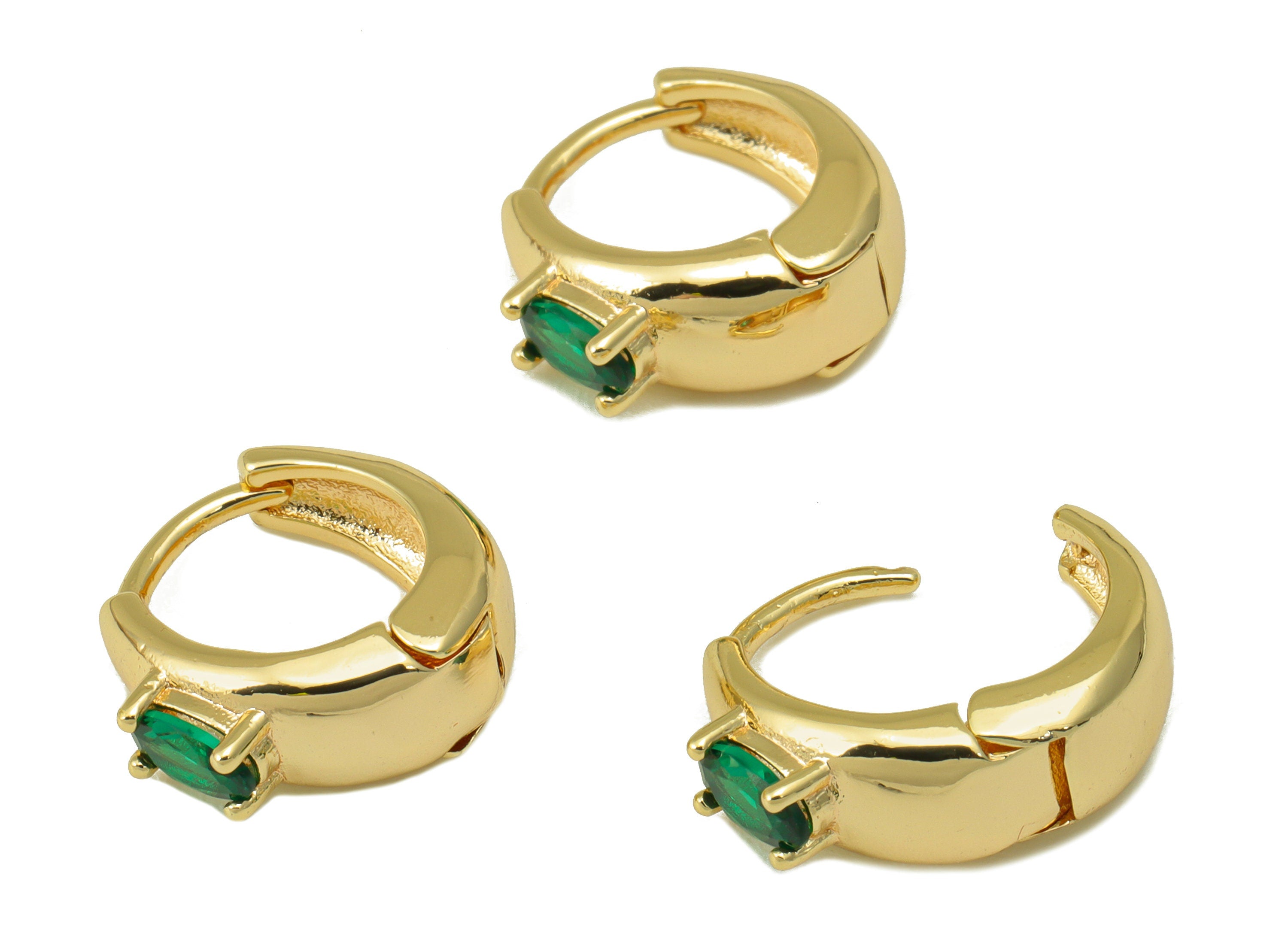 Brass Huggie Hoop Earring Clasp - Brass Green Ellipse Hoop Clasp - Ring Oval Cubic Zirconia Clasp - 18K Real Gold Plated -13x14x3mm- RGP6528 - DOMEDBAZAAR