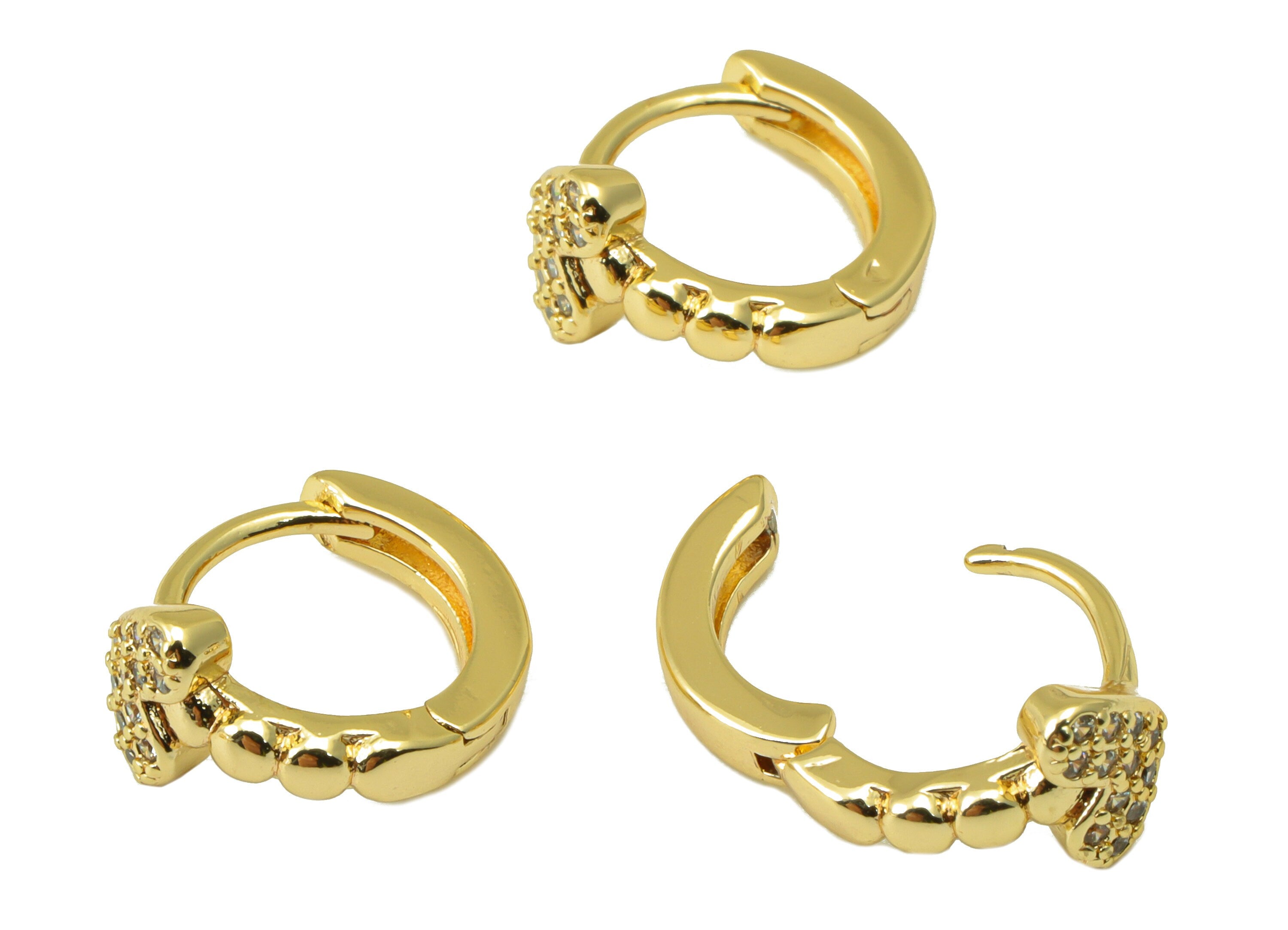 Brass Hoop Earring Clasp - Brass Heart Clasp -Mini Ring Cubic Zirconia Clasp -Heart  Huggie Clasp-18K Real Gold Plated-12x11x2.28mm -RGP6525 - DOMEDBAZAAR