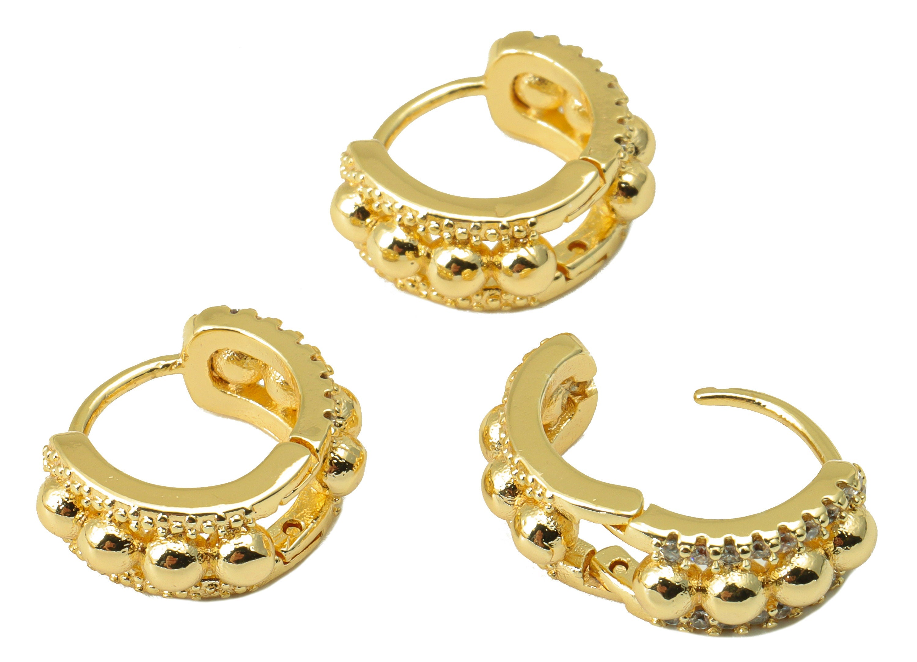 Brass Hoop Earring Clasp - Brass Ball Pattered Clasp -Mini Ring Cubic Zirconia Huggie Clasp -18K Real Gold Plated- 16x13x2.42mm -RGP6565 - DOMEDBAZAAR