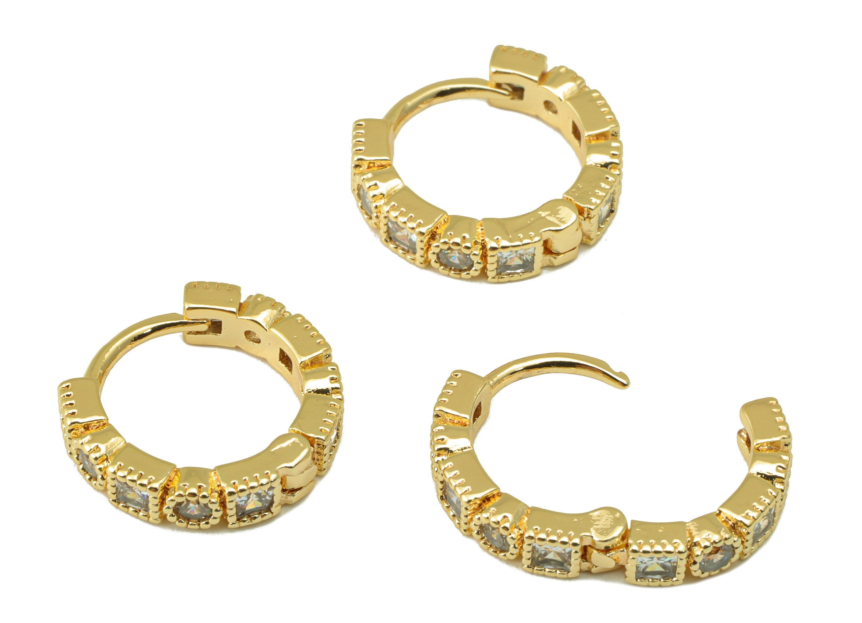 Brass Hoop Earring Clasp - Brass Square Textured Clasp -Mini Ring Cubic Zirconia Huggie Clasp -18K Real Gold Plated- 13.8x13x1.94mm -RGP6524 - DOMEDBAZAAR