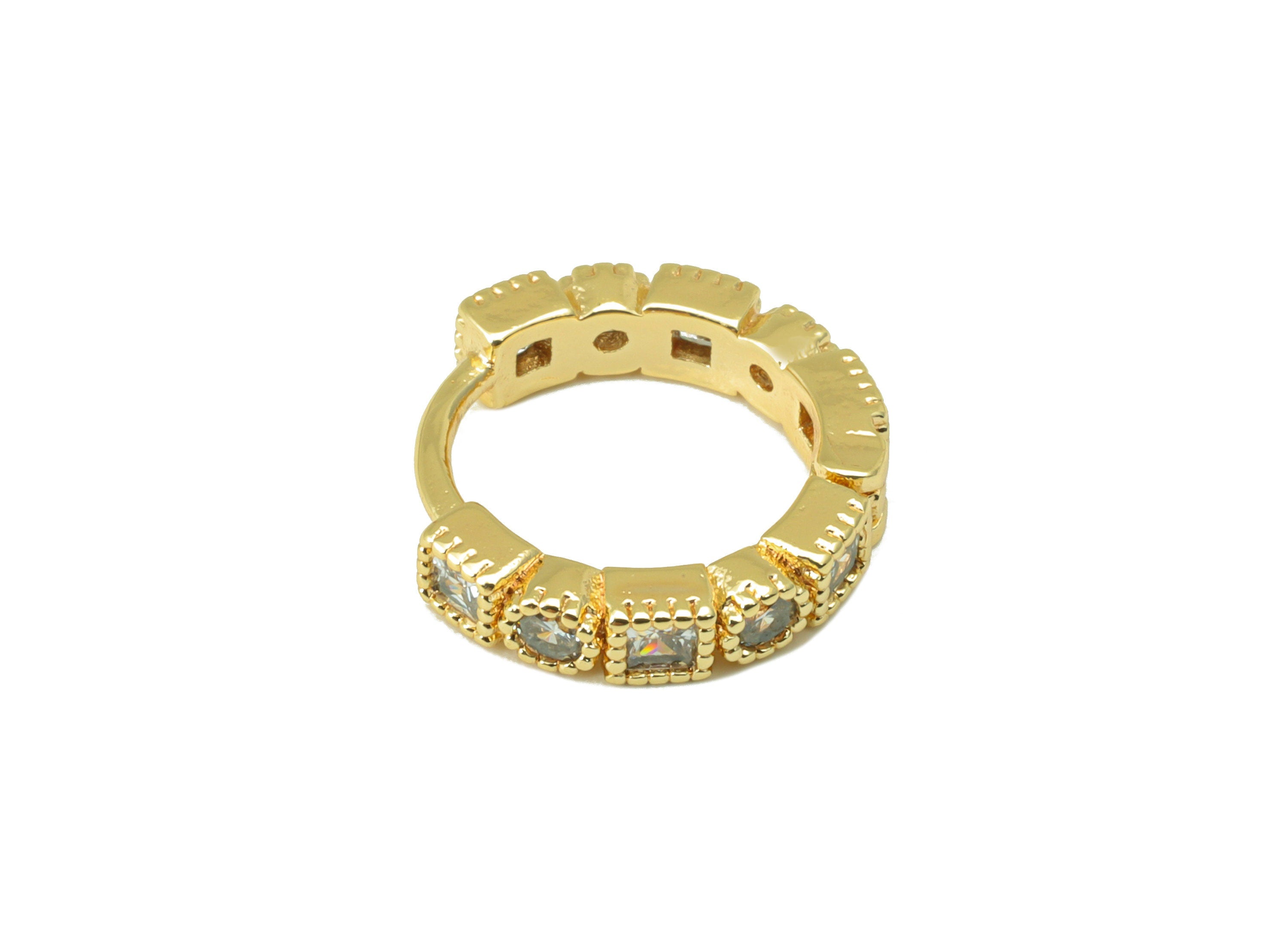 Brass Hoop Earring Clasp - Brass Square Textured Clasp -Mini Ring Cubic Zirconia Huggie Clasp -18K Real Gold Plated- 13.8x13x1.94mm -RGP6524 - DOMEDBAZAAR