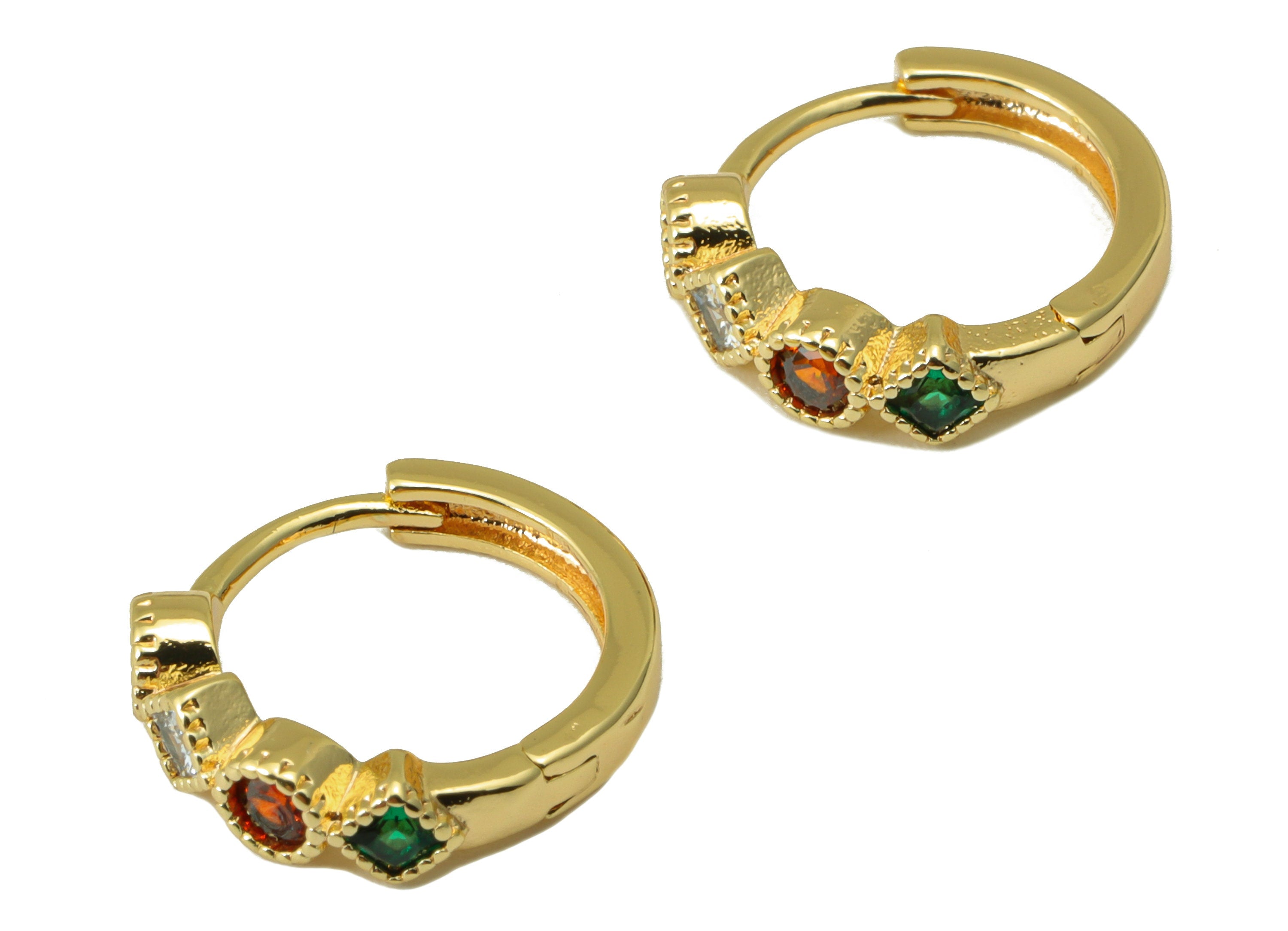 Brass Hoop Earring Clasp - Green Square Earring Clasp - Red Cubic Zirconia Huggie Clasp -Ring Clasp -18K Real Gold Plated-14x13x2mm -RGP6527 - DOMEDBAZAAR