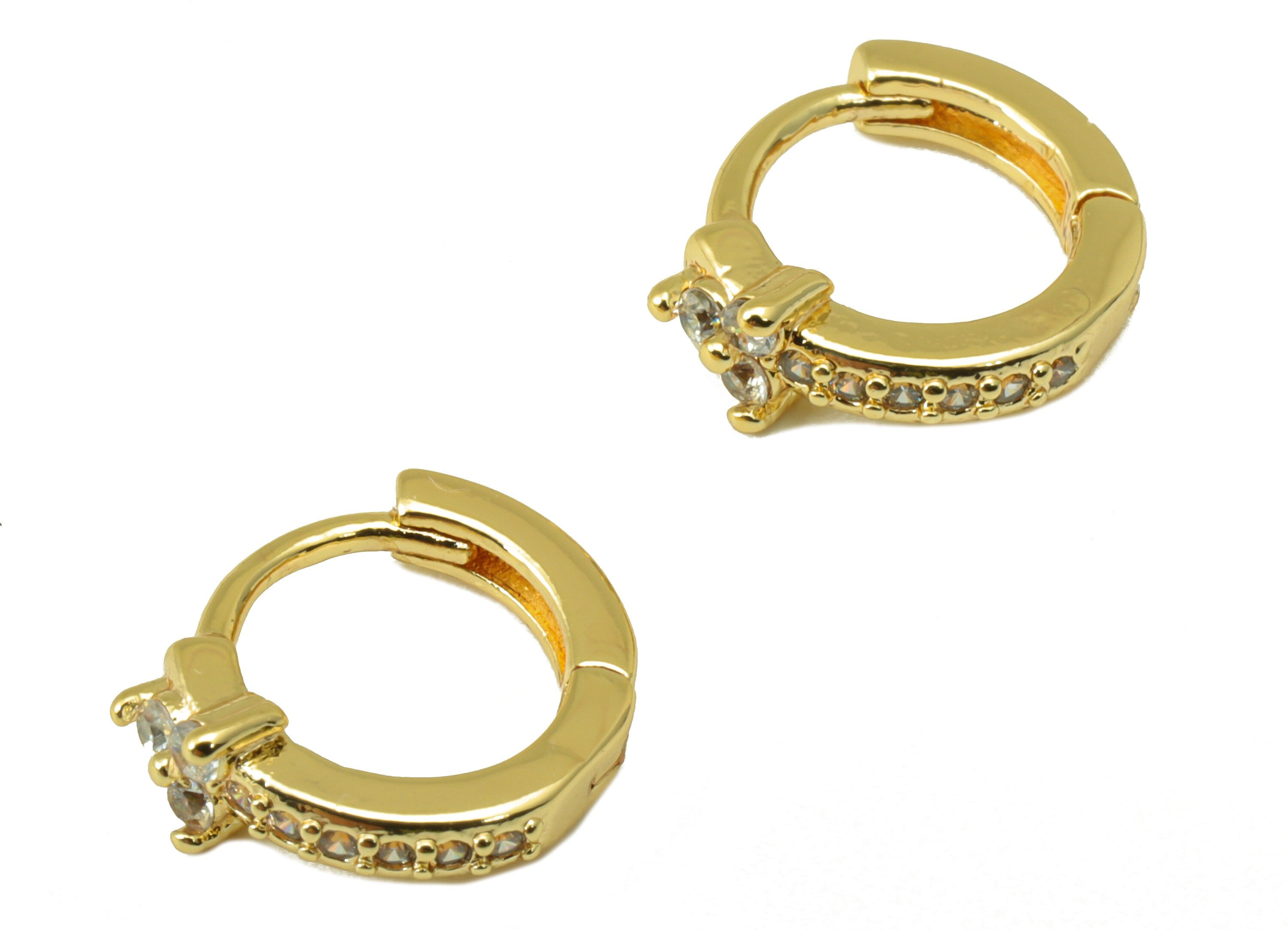 Brass Hoop Earring Clasp - Flower CZ Huggie Clasp - Round Cubic Zircon Hoop Clasp - Mini Ring Clasp -18K Real Gold Plated-12x10x3mm -RGP6548 - DOMEDBAZAAR