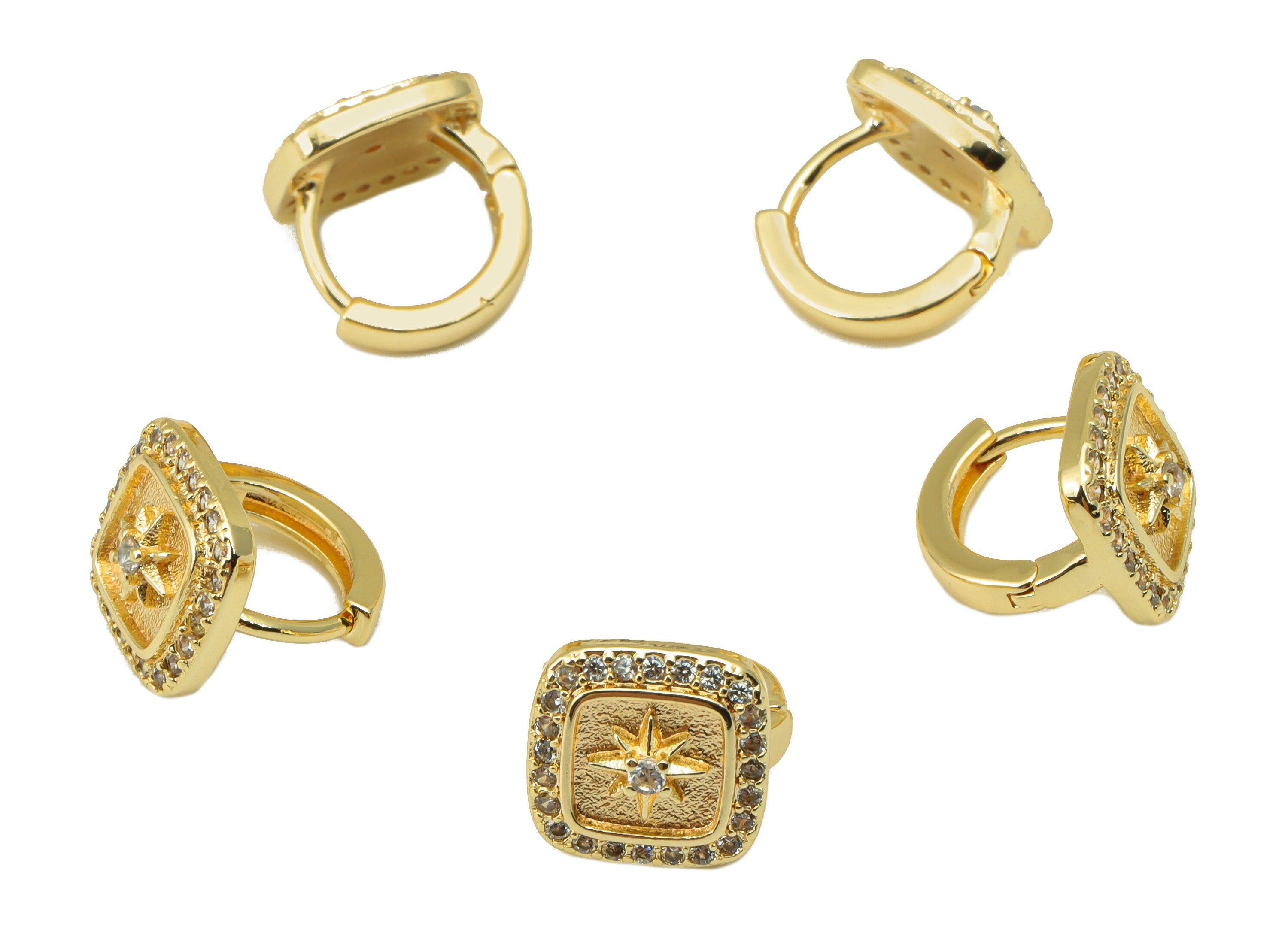 Brass Hoop Earring Clasp - Textured Square Clasp - Cubic Zircon Huggie Star - CZ Ring - 18K Real Gold Plated - 11.8x10.56x2.97mm - RGP6562 - DOMEDBAZAAR