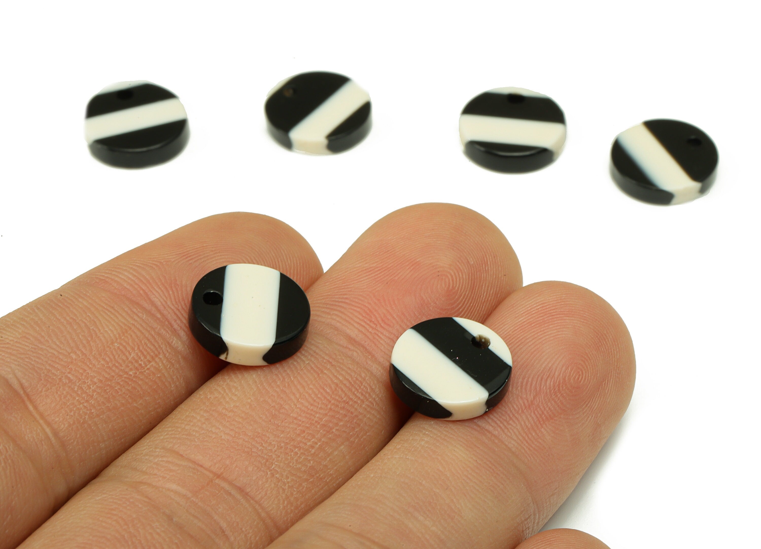 Acetate Coin Charms - Black White Stripes Color Charm With Hole - Mini Circle Pendant - Color Code: A64 - 11.5X11.5X2.5mm - AC1419-A64 - DOMEDBAZAAR