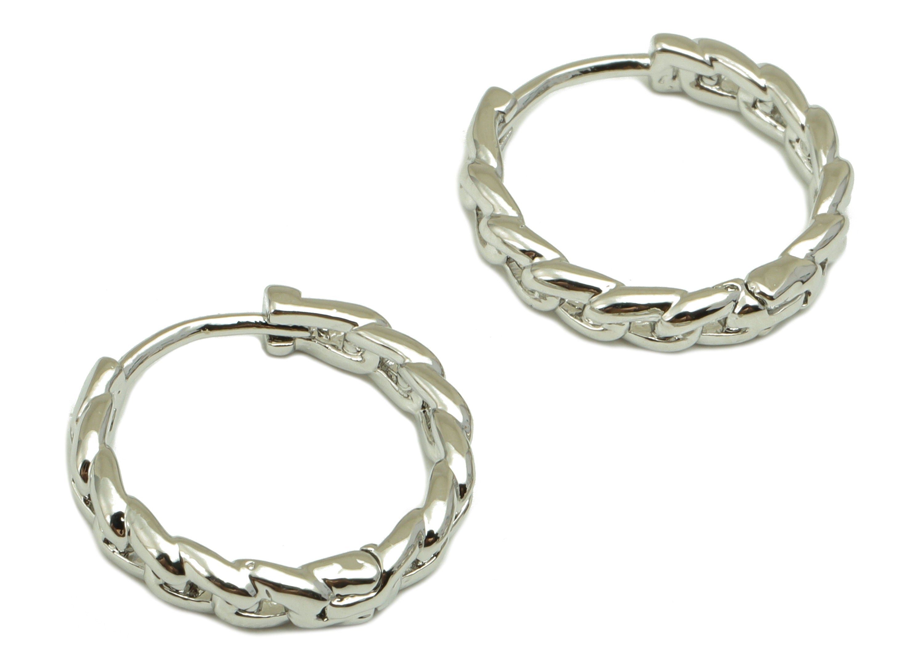 Brass Round Hoop - Silver Chain Hoop Earrings - Curb Chain Hoop Earrings - 18K Real White Gold Brass -16.49x16.14x3.09mm- RGP3469S - DOMEDBAZAAR