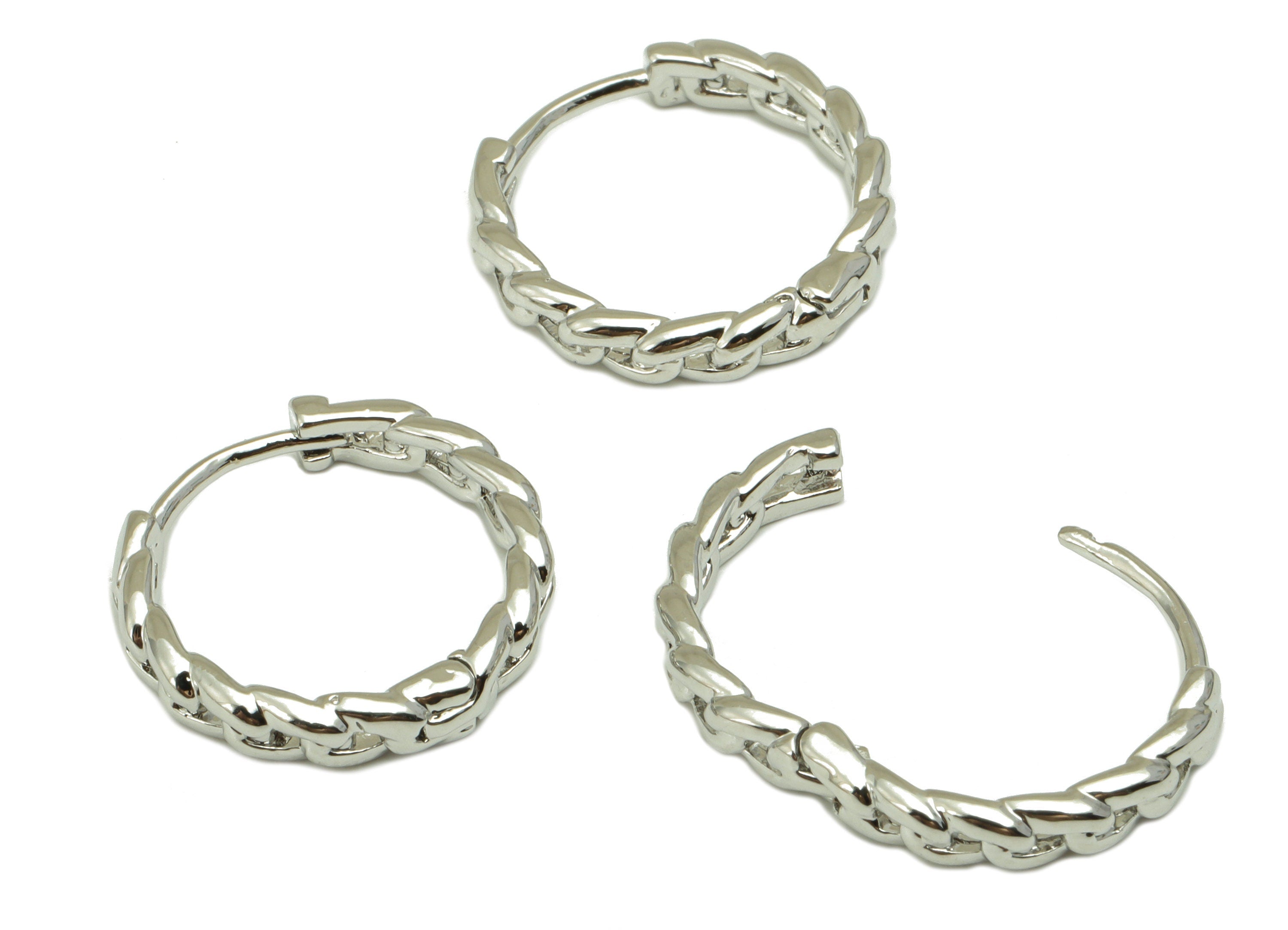 Brass Round Hoop - Silver Chain Hoop Earrings - Curb Chain Hoop Earrings - 18K Real White Gold Brass -16.49x16.14x3.09mm- RGP3469S - DOMEDBAZAAR