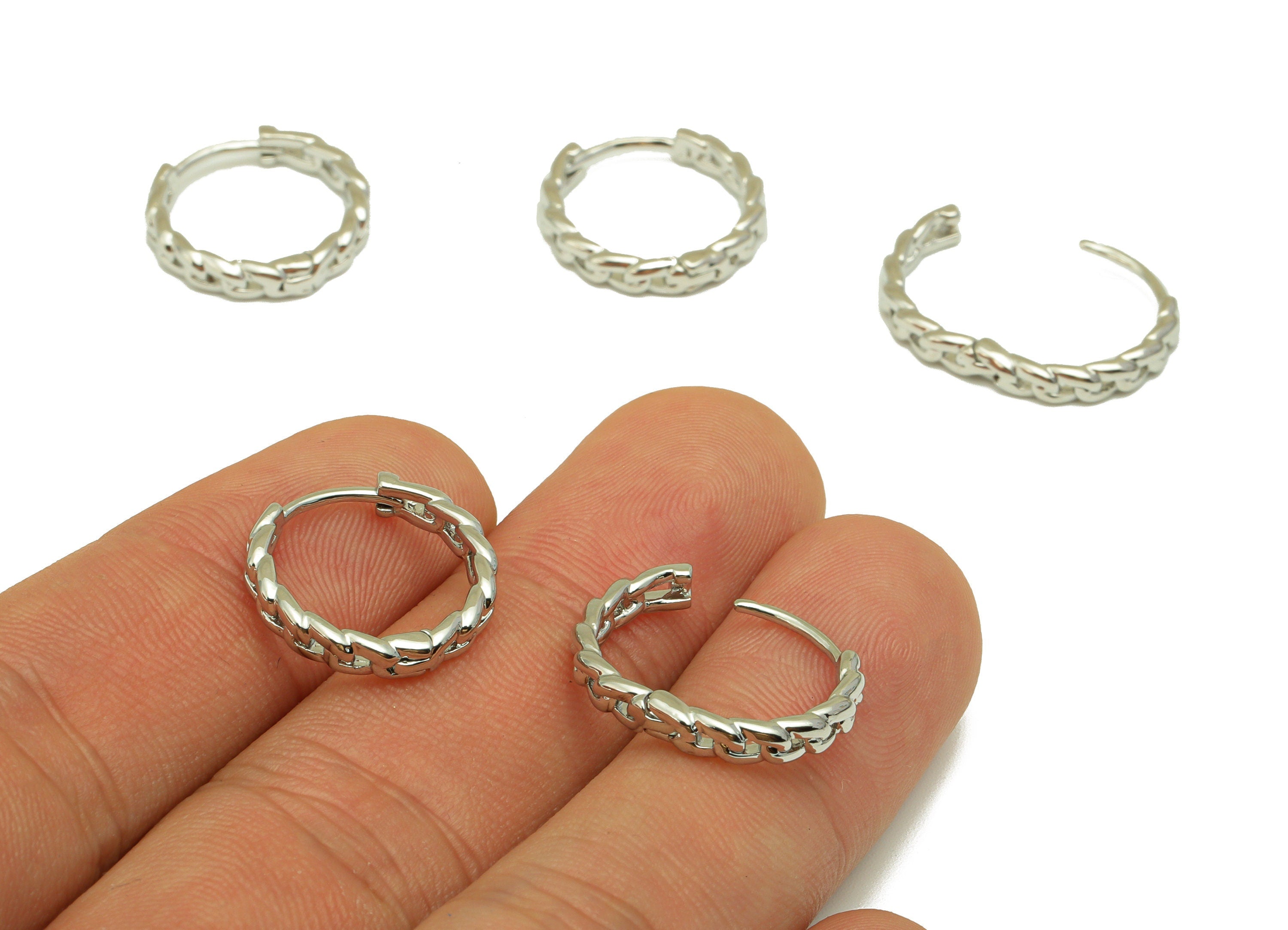 Brass Round Hoop - Silver Chain Hoop Earrings - Curb Chain Hoop Earrings - 18K Real White Gold Brass -16.49x16.14x3.09mm- RGP3469S - DOMEDBAZAAR