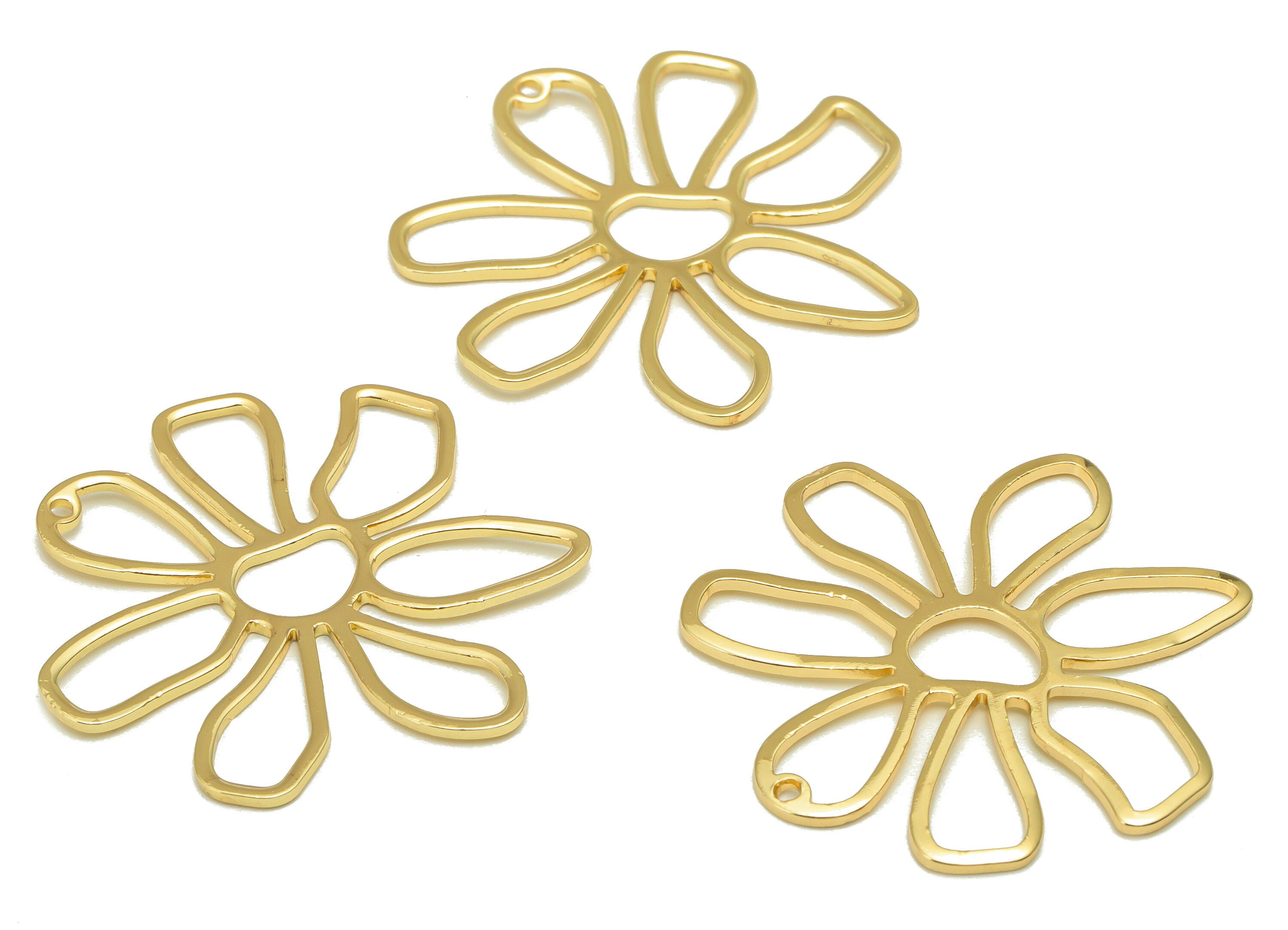 Brass Earring Charm - Flower Earring Charm - Brass Botanical Pendant - Floral Charm -18K Real Gold Plated -35x35x1mm - RGP6699 - DOMEDBAZAAR