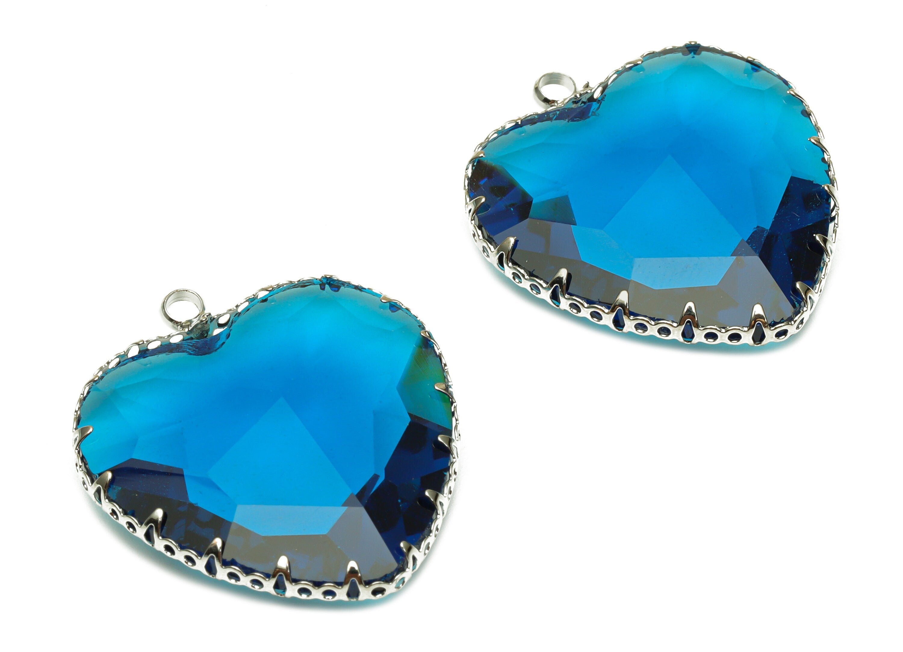 Faceted Glass Heart Charms - Blue Glass Heart Charm With Loop - Silver Tone Plated Brass Pendant - Modern Jewelry -31x27.94x9.64mm - GS1149G - DOMEDBAZAAR