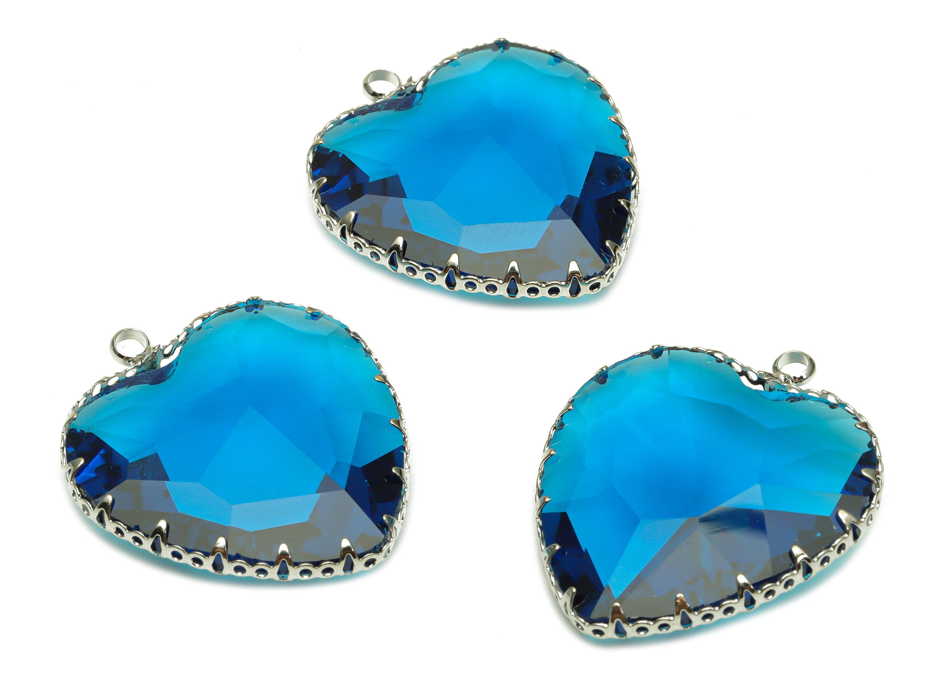 Faceted Glass Heart Charms - Blue Glass Heart Charm With Loop - Silver Tone Plated Brass Pendant - Modern Jewelry -31x27.94x9.64mm - GS1149G - DOMEDBAZAAR