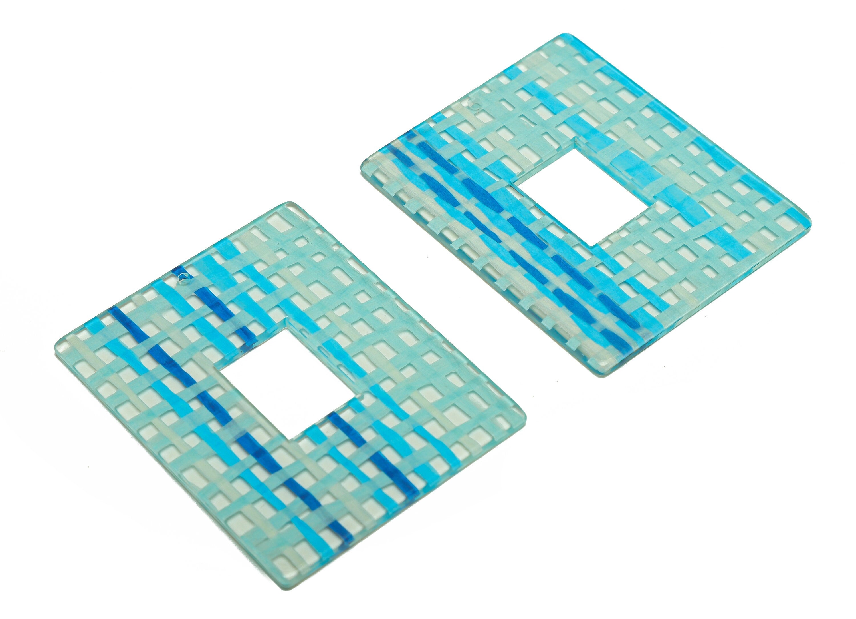 Acrylic Rectangle Charm - Acrylic Blue Weave Pendant - Scotch ploid Rectangle Earring Charm - Code: A540 - 44.14x34.7x2.44mm - AC2614-A540 - DOMEDBAZAAR