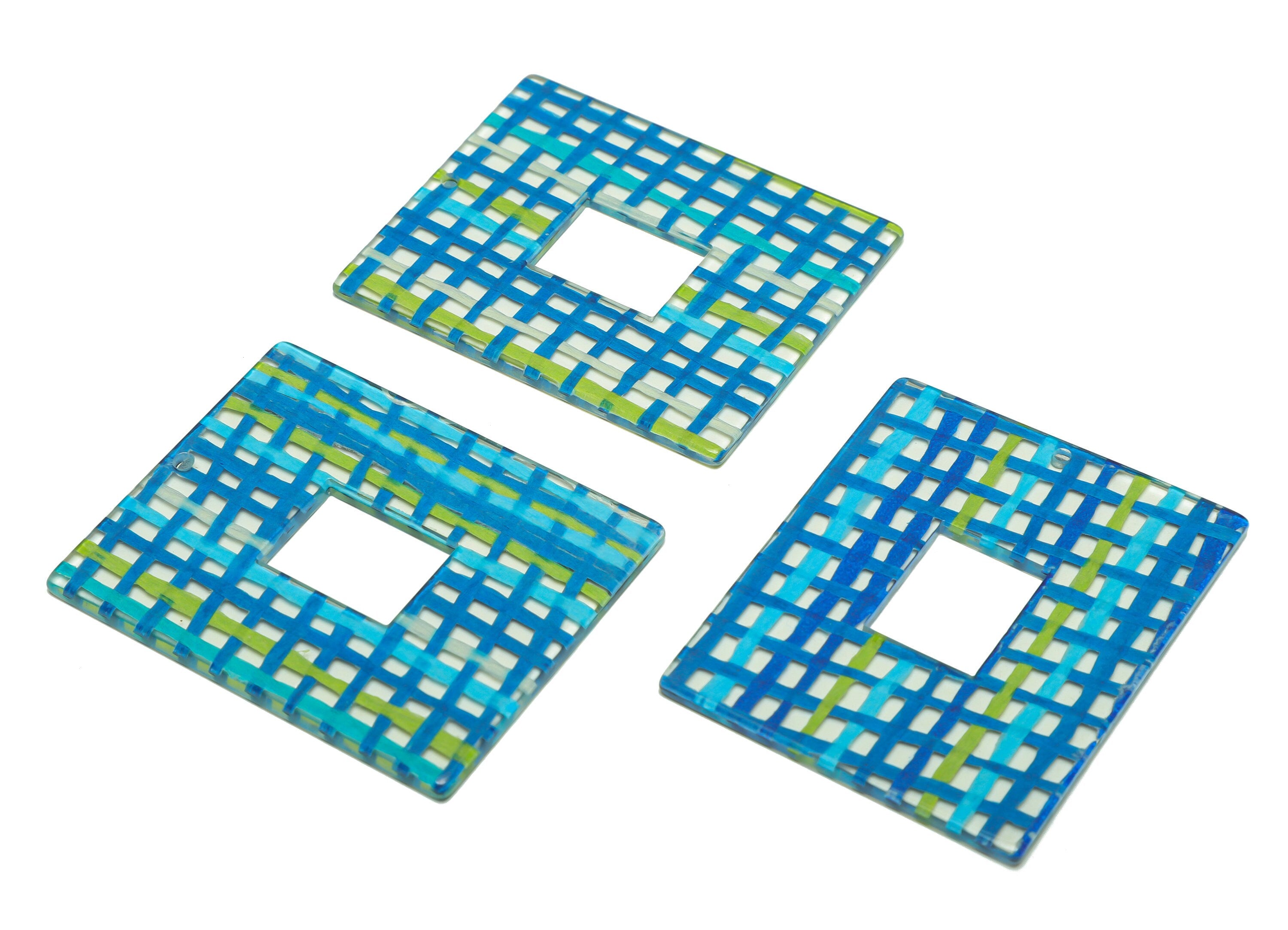 Acrylic Rectangle Charm - Acrylic Blue Weave Pendant - Acrylic Earring Charm - Jewelry Making - Code: A454 - 44.14x34.7x2.44mm - AC2614-A454 - DOMEDBAZAAR