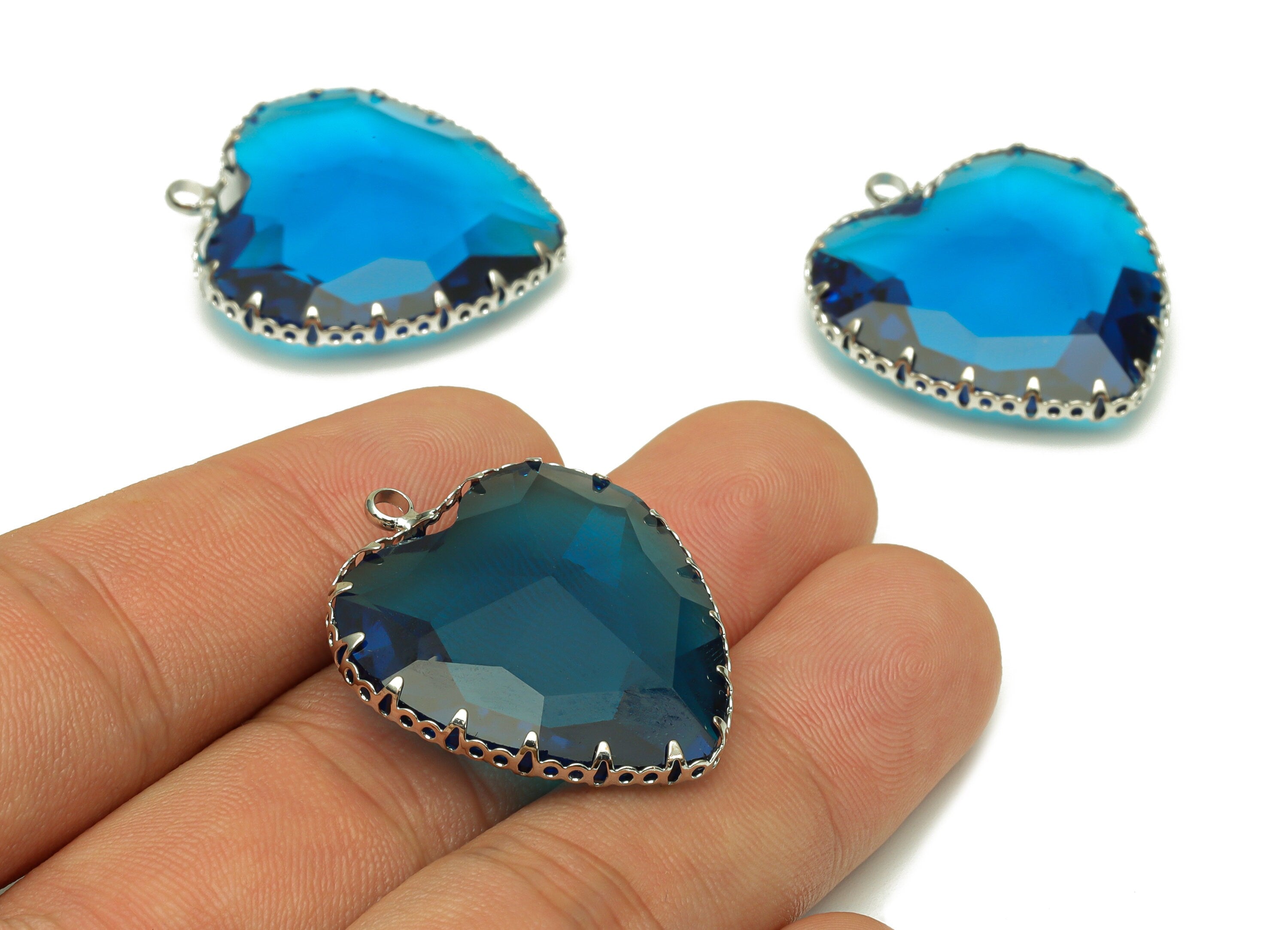 Faceted Glass Heart Charms - Blue Glass Heart Charm With Loop - Silver Tone Plated Brass Pendant - Modern Jewelry -31x27.94x9.64mm - GS1149G - DOMEDBAZAAR