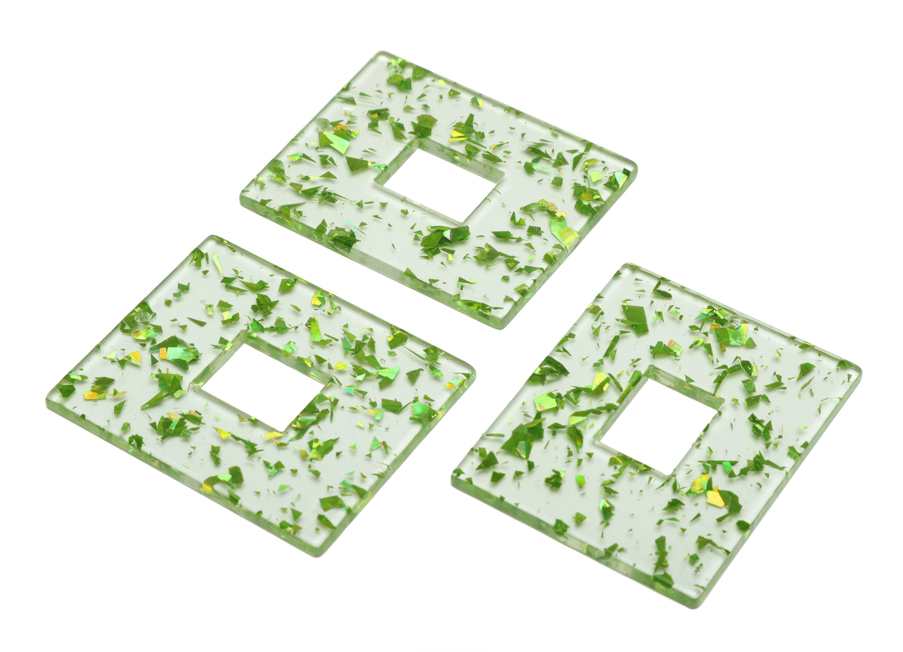 Acrylic Rectangle Charm - Green & Gold Confetti Pendant - Big Rectangle Earring Charm - Jewelry Making - Code: A547- 49x40x2mm - AC2614-A547 - DOMEDBAZAAR