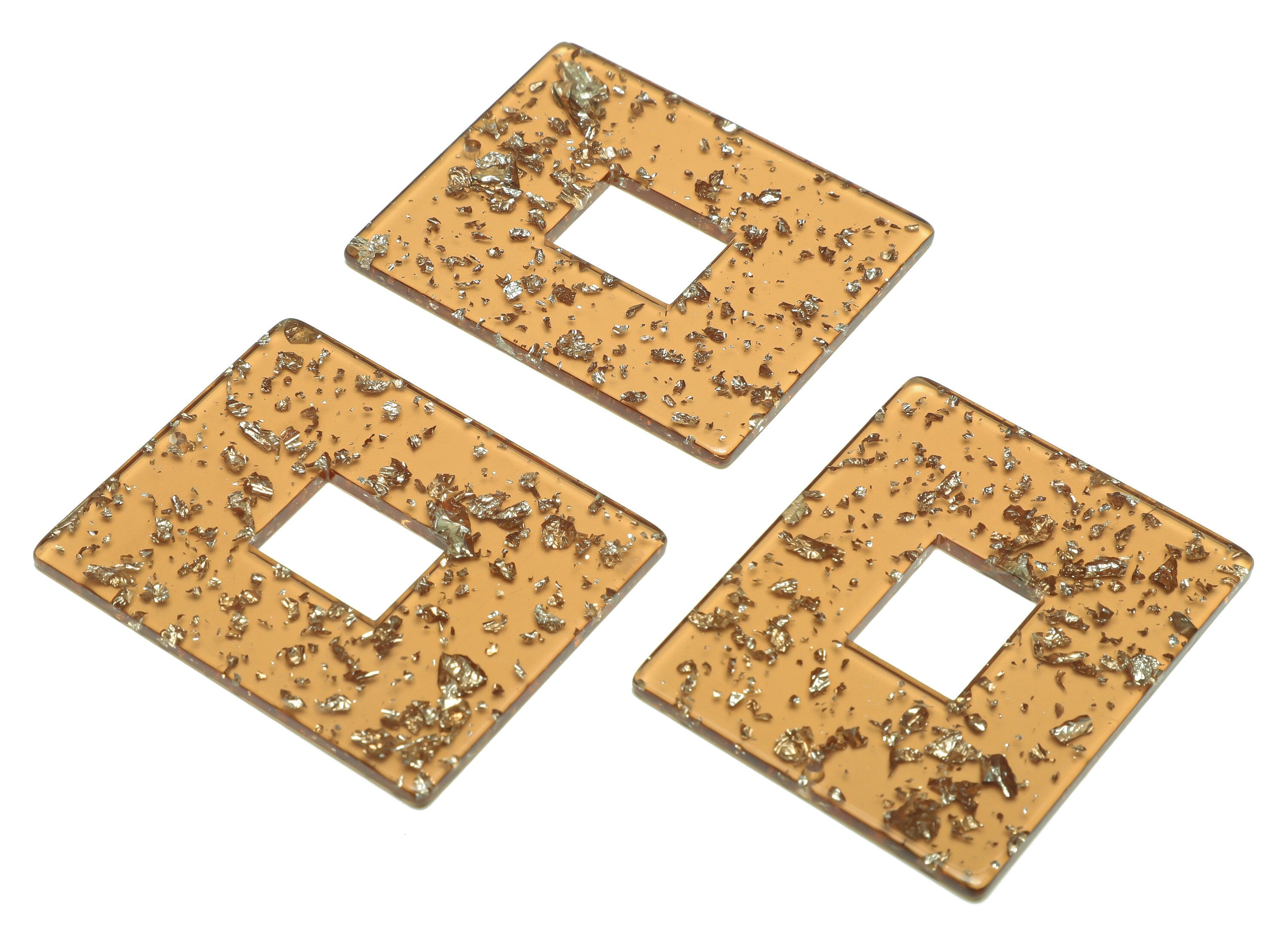 Acrylic Rectangle Charm - Brown & Gold Confetti Pendant - Big Rectangle Earring Charm - Jewelry Making - Code: A509- 49x40x2mm - AC2614-A509 - DOMEDBAZAAR