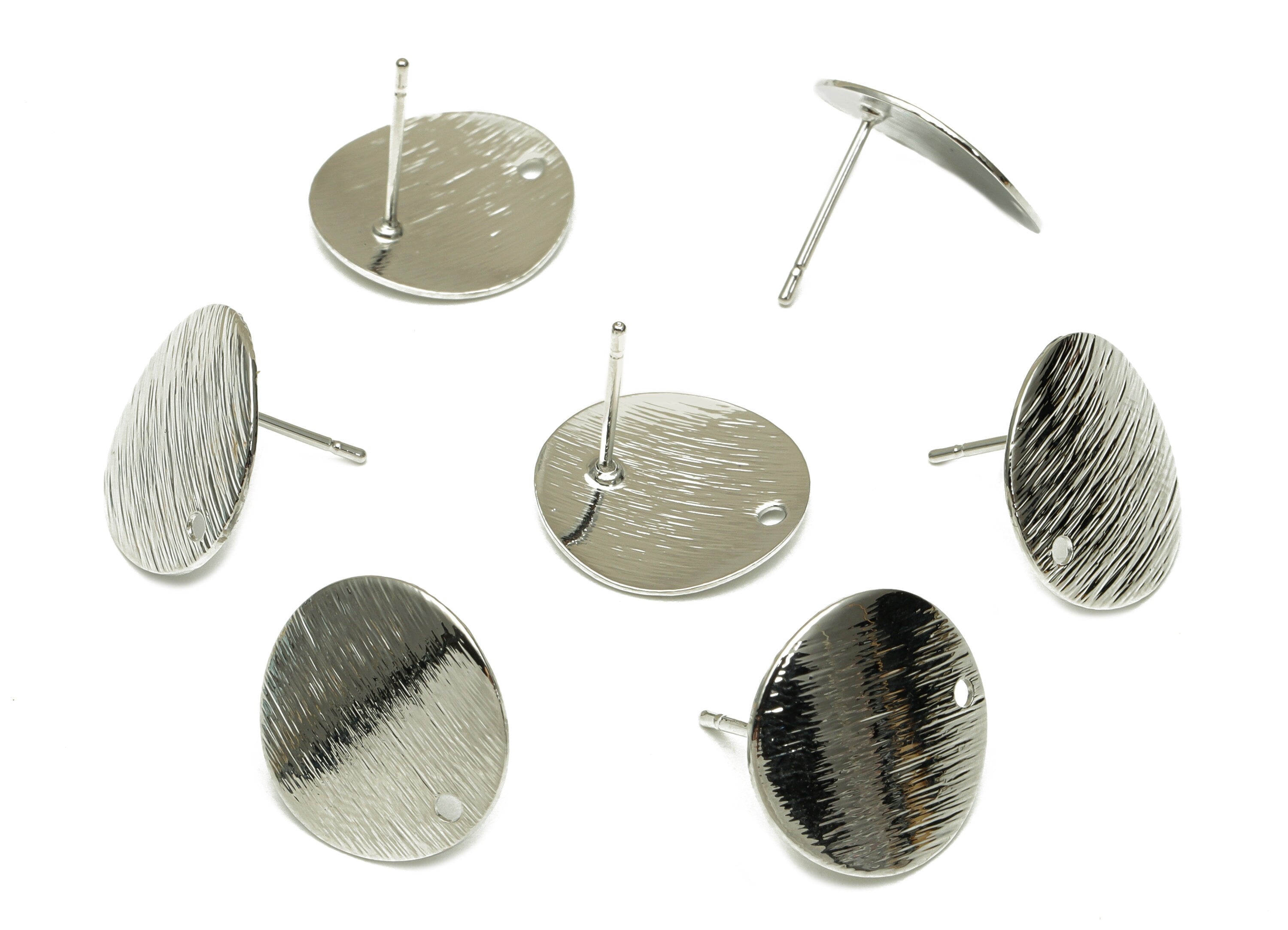 Brass Round Earring Stud - Textured Circle Earring Posts - Silver Bent Round Earring - 18K Real White Gold Plated - 15x15x0.67mm -RGP5173 - DOMEDBAZAAR