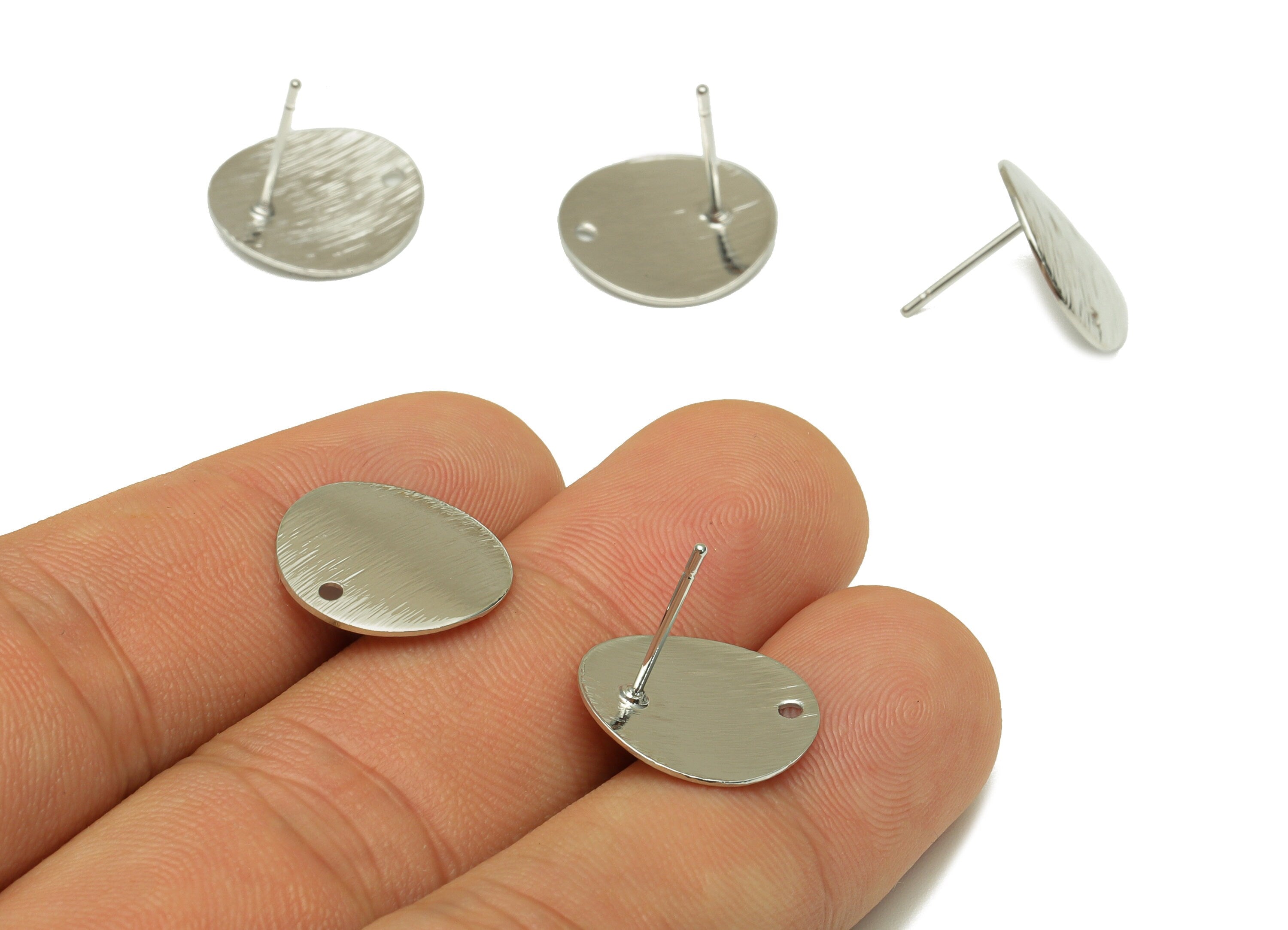 Brass Round Earring Stud - Textured Circle Earring Posts - Silver Bent Round Earring - 18K Real White Gold Plated - 15x15x0.67mm -RGP5173 - DOMEDBAZAAR