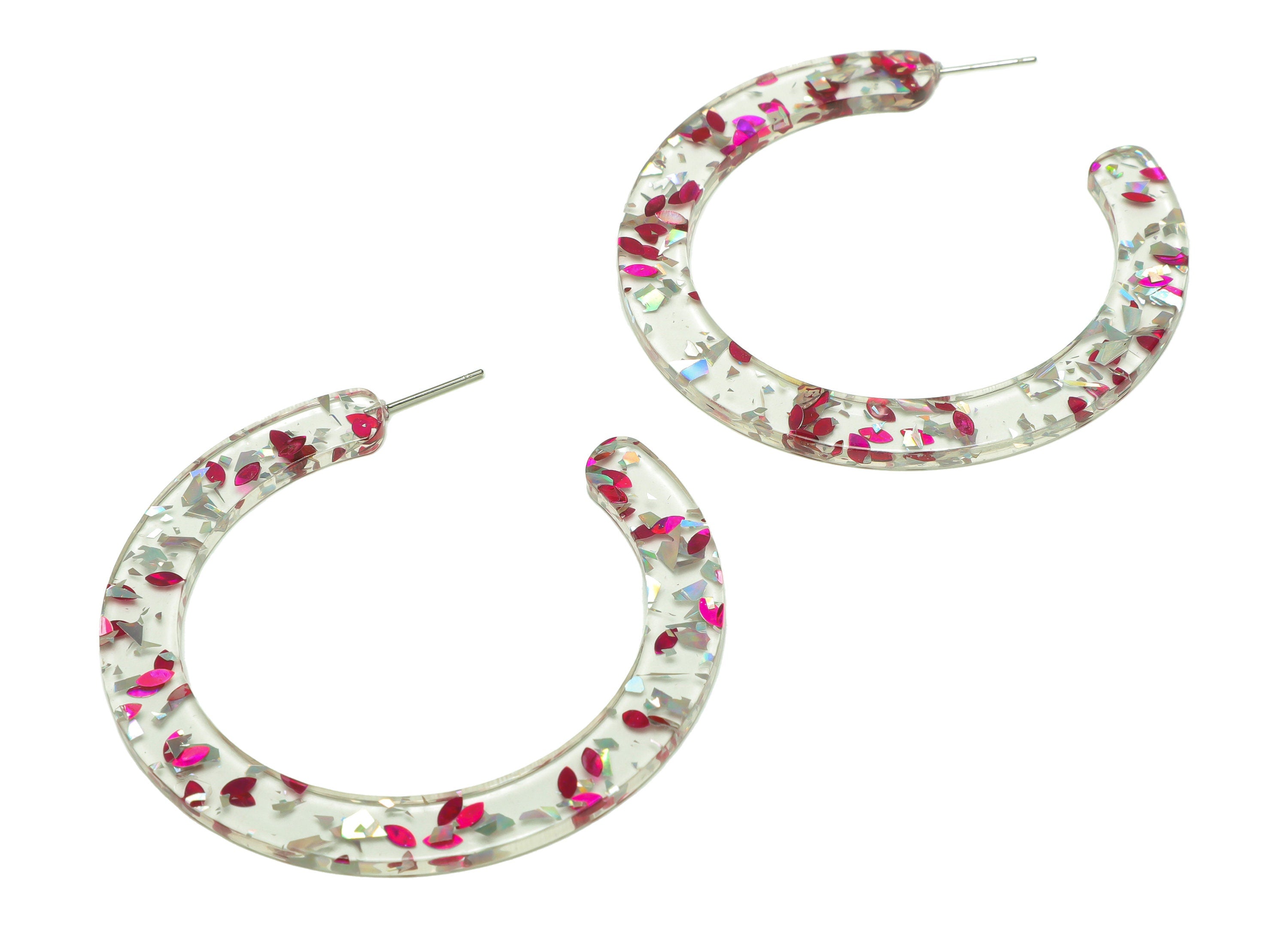Acrylic Hoop Earrings Stud - Acrylic Open Hoop Earring - Silver Pink Foil Transparent Earring Hoop - Color Code:438- 61x60x2mm - AC2615-A438 - DOMEDBAZAAR