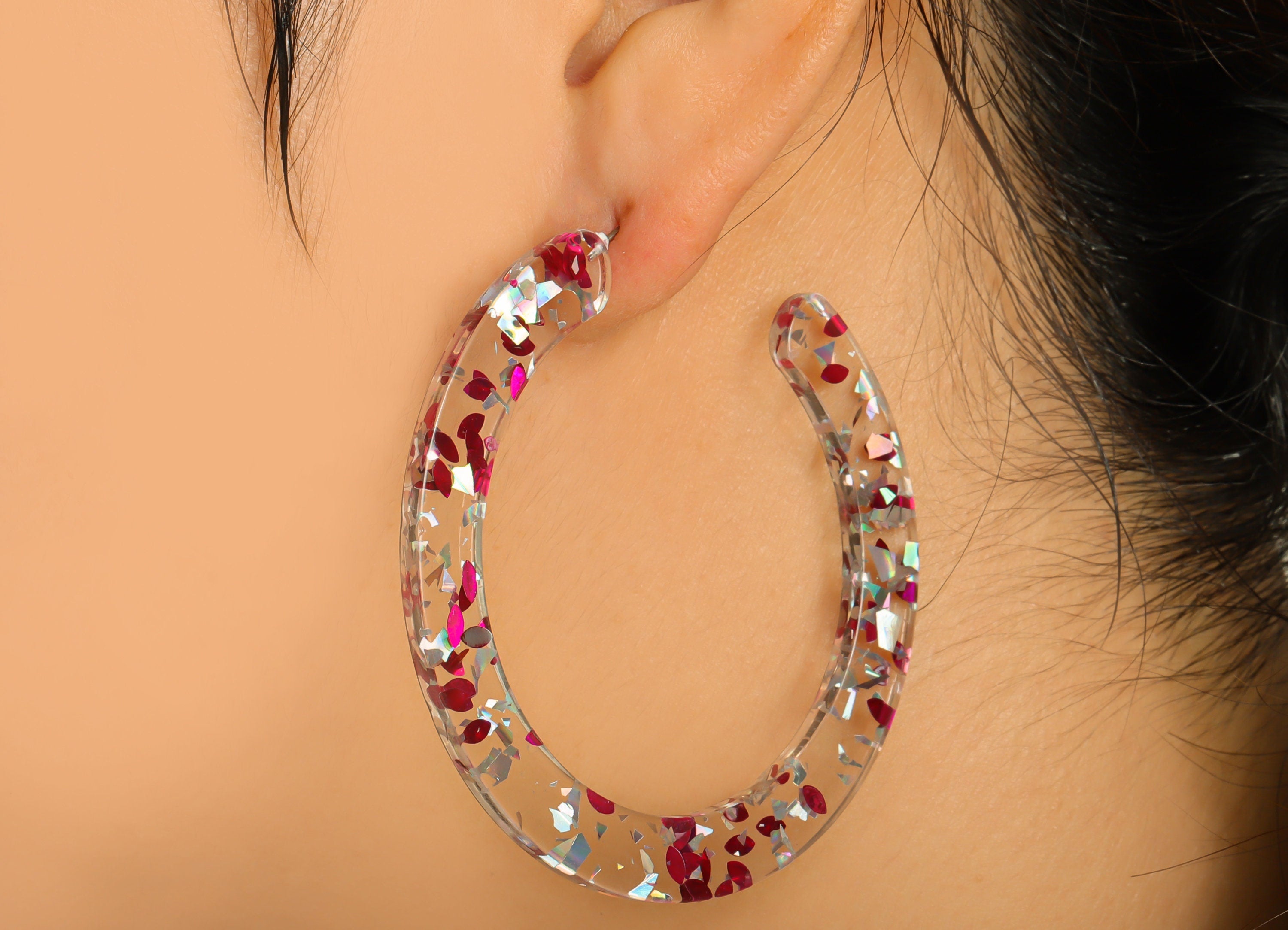 Acrylic Hoop Earrings Stud - Acrylic Open Hoop Earring - Silver Pink Foil Transparent Earring Hoop - Color Code:438- 61x60x2mm - AC2615-A438 - DOMEDBAZAAR