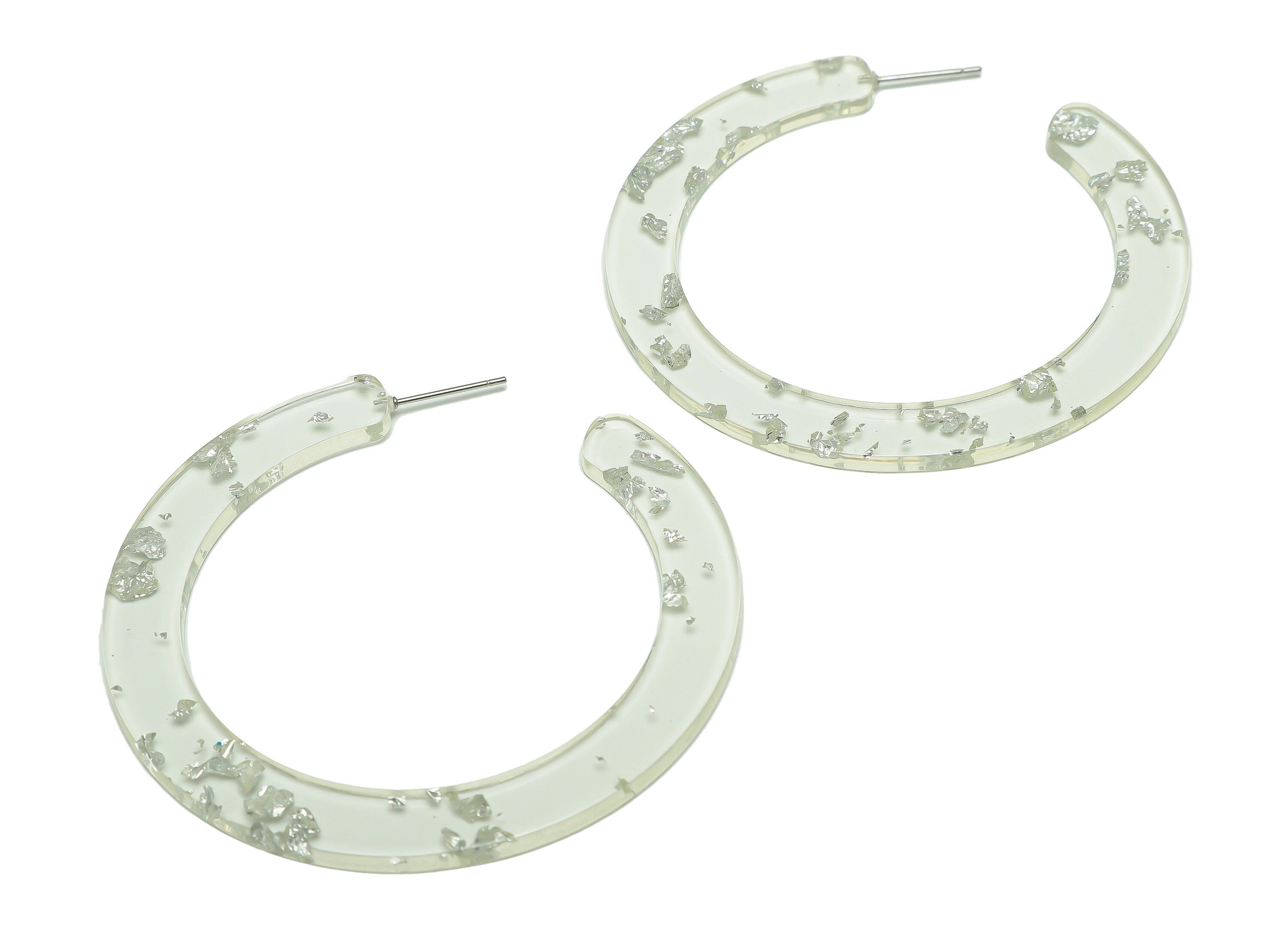 Acrylic Hoop Earrings Stud - Acrylic Open Hoop Earring - Round Earring Post - Silver Foil & Confetti - Color Code:254- 61x60x2mm-AC2615-A254 - DOMEDBAZAAR