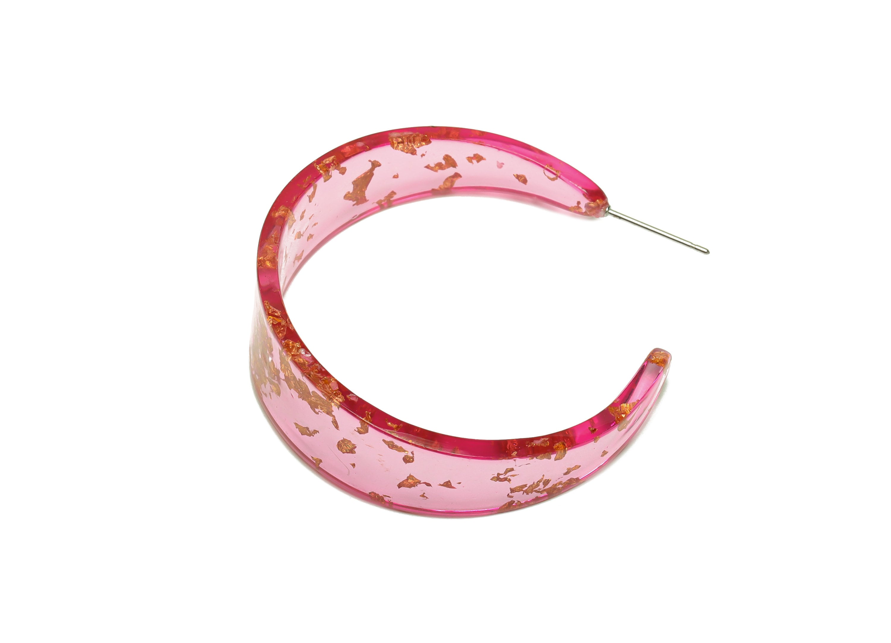 Acrylic Hoop Earrings Stud - Acrylic Wide Open Hoop Earring - Earring Post - Pink Foil & Confetti - Color Code:444- 43x43x3mm - AC2616-A444 - DOMEDBAZAAR