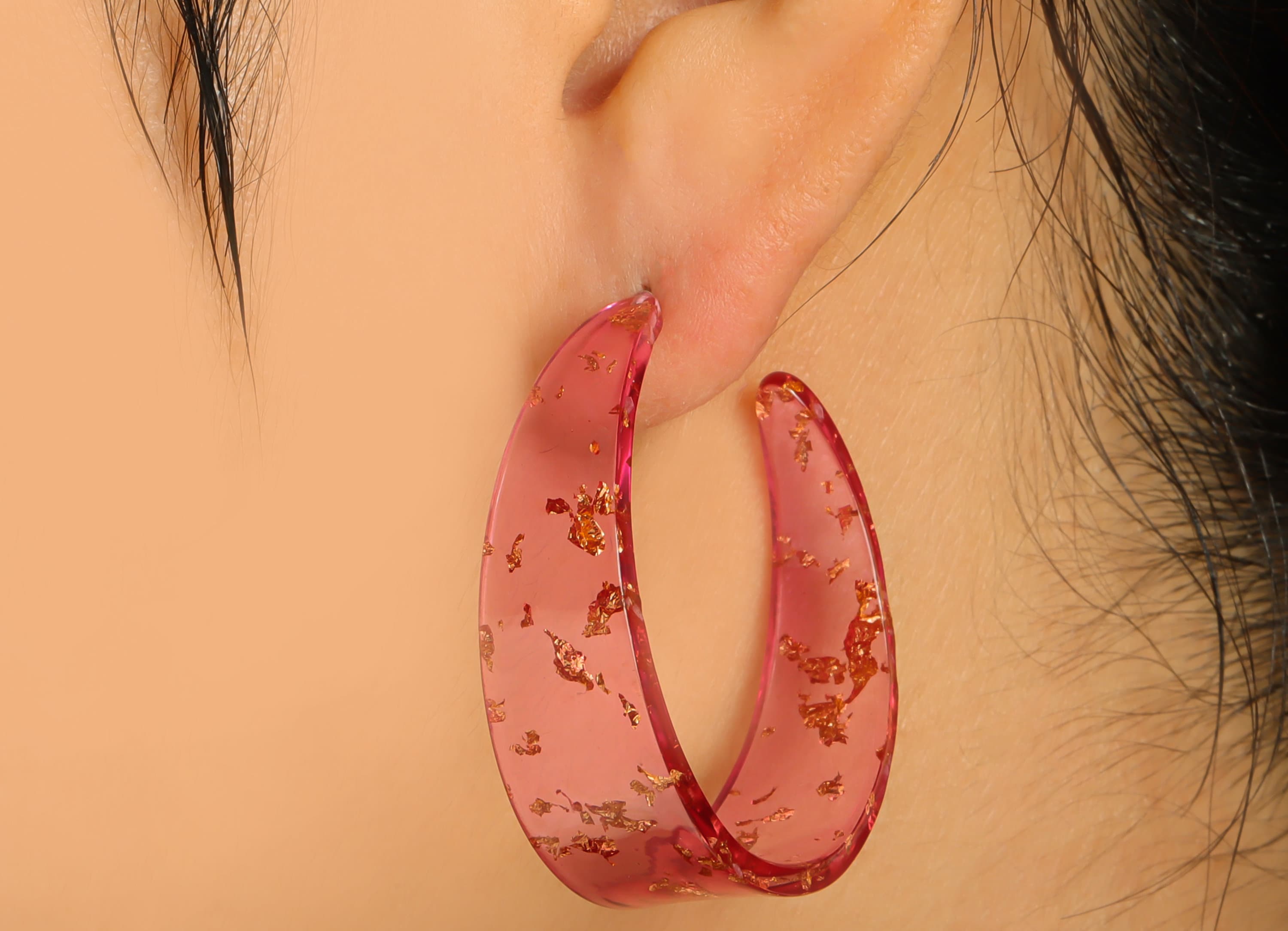 Acrylic Hoop Earrings Stud - Acrylic Wide Open Hoop Earring - Earring Post - Pink Foil & Confetti - Color Code:444- 43x43x3mm - AC2616-A444 - DOMEDBAZAAR