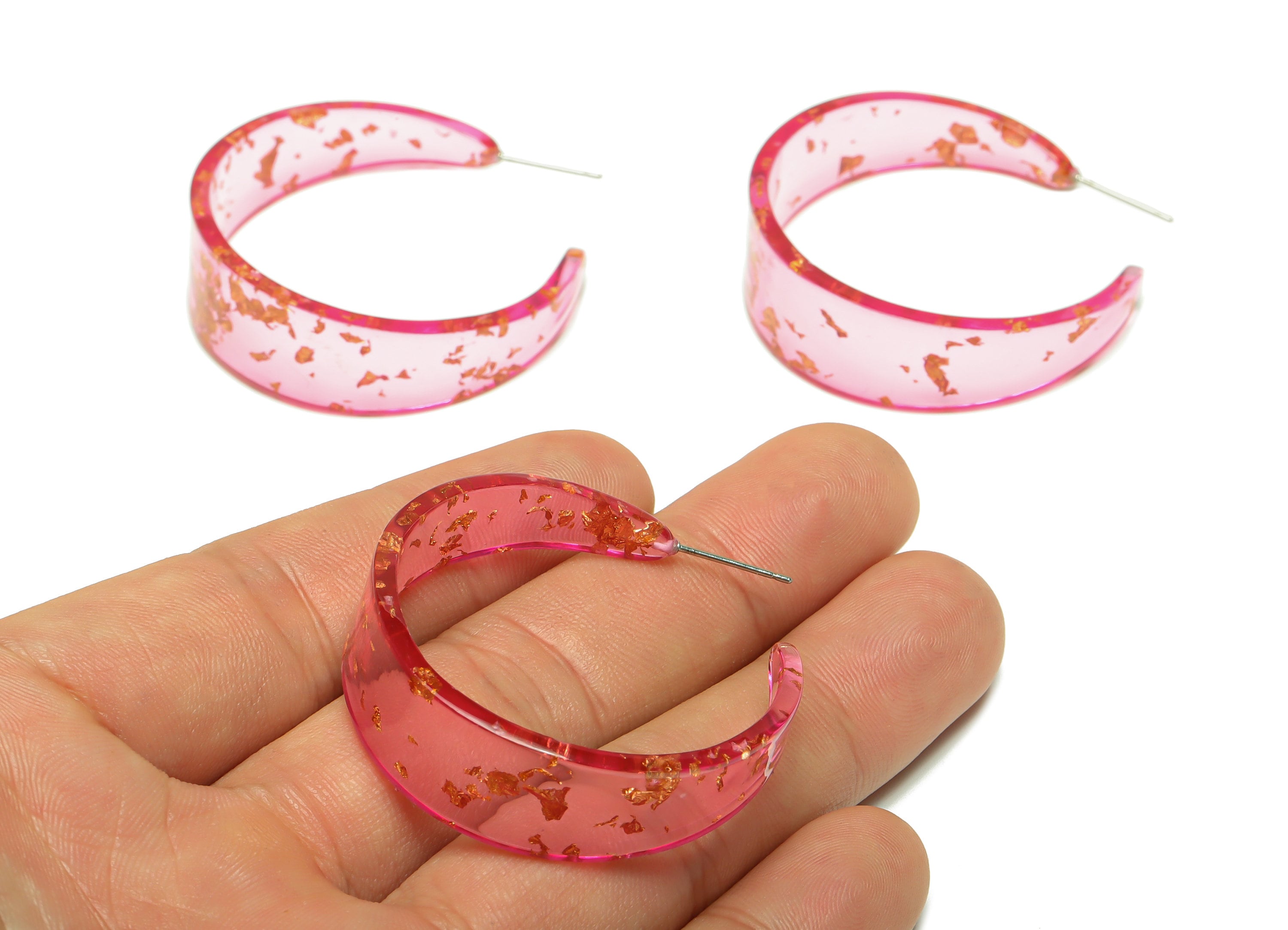 Acrylic Hoop Earrings Stud - Acrylic Wide Open Hoop Earring - Earring Post - Pink Foil & Confetti - Color Code:444- 43x43x3mm - AC2616-A444 - DOMEDBAZAAR