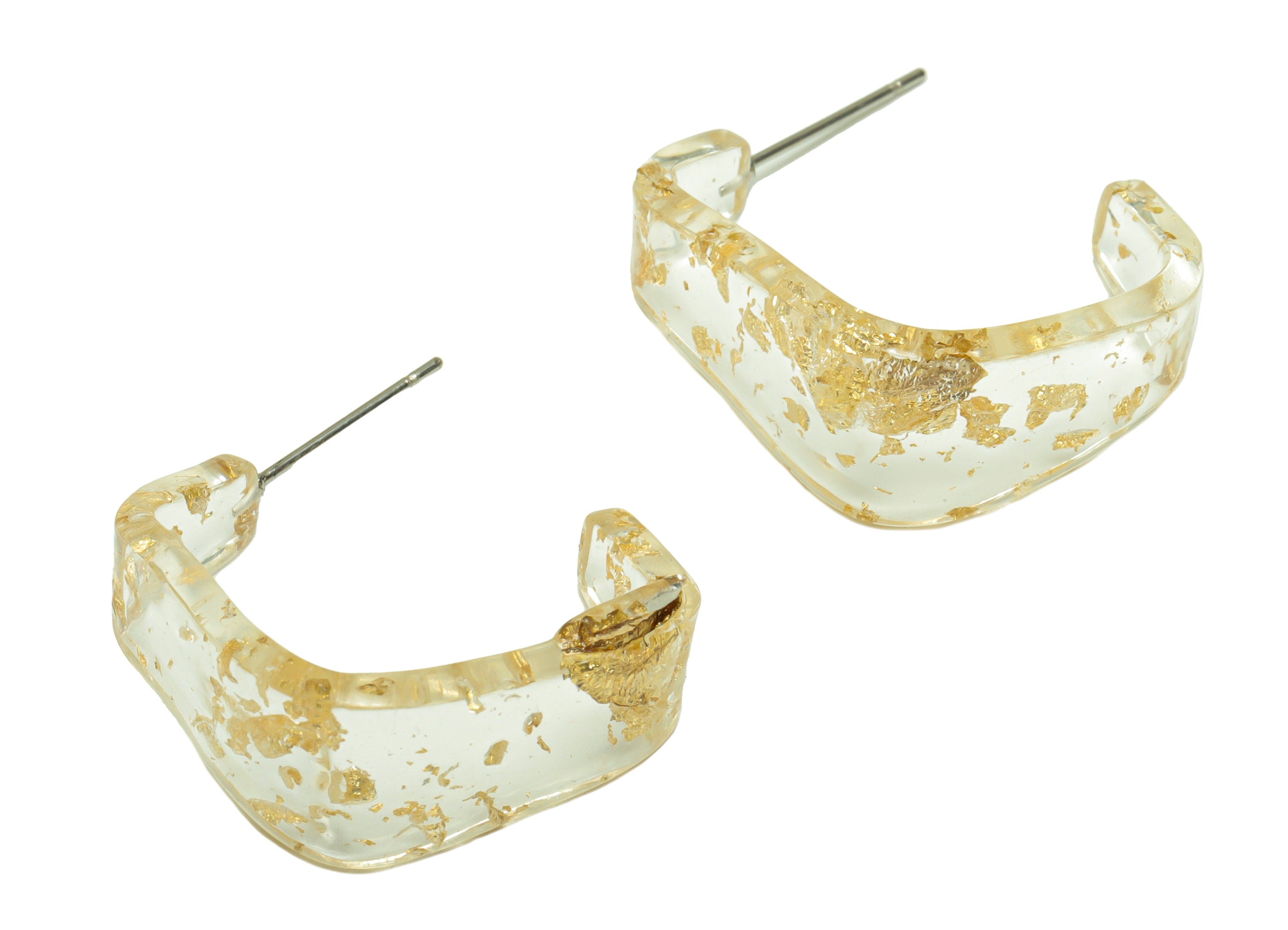 Acrylic Hoop Earrings Stud - Acrylic Wide Gold Foil & Confetti Earring - Square Earring Post - Color Code:979- 26x21x2.8mm - AC2617-A979 - DOMEDBAZAAR