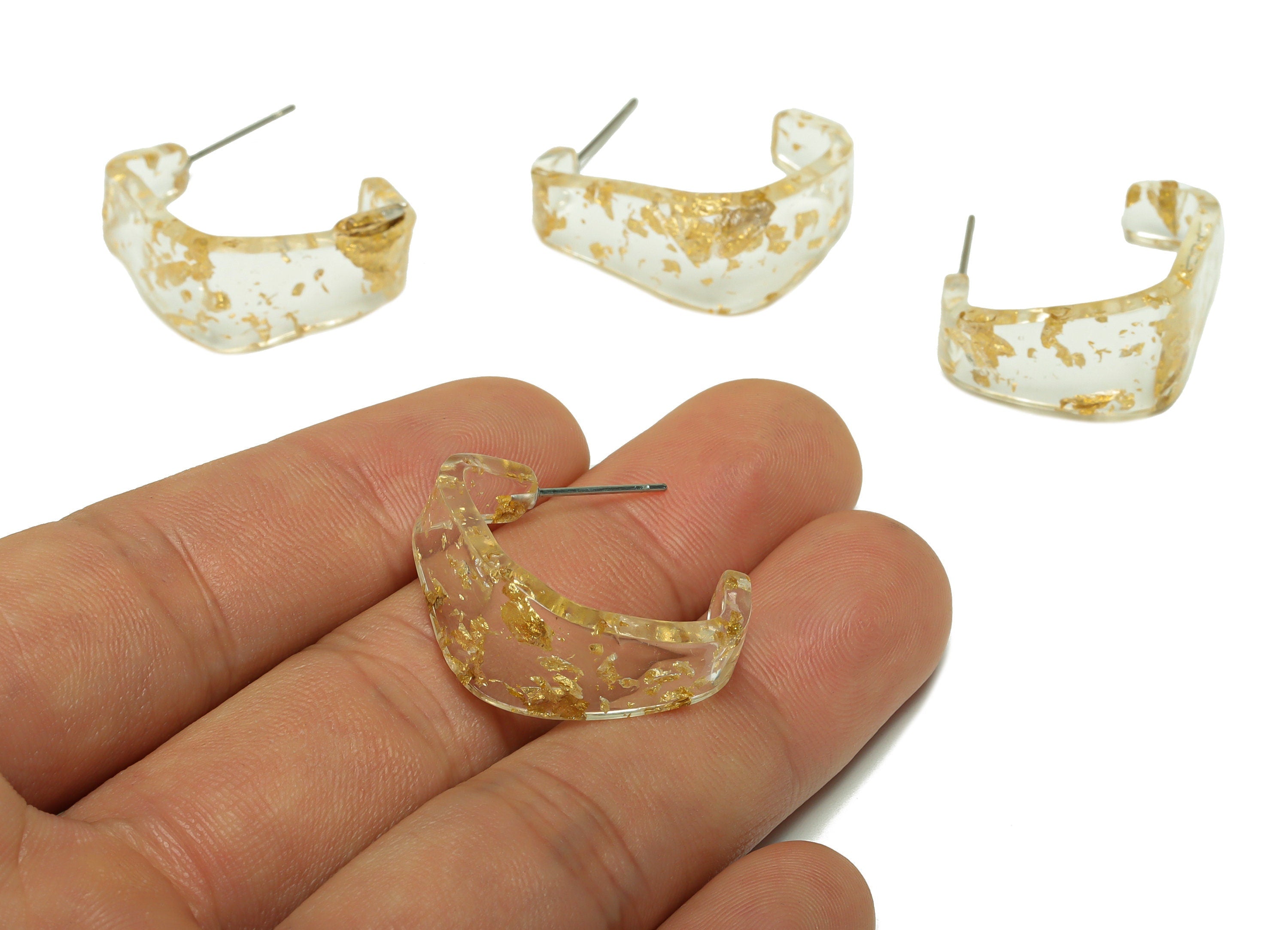 Acrylic Hoop Earrings Stud - Acrylic Wide Gold Foil & Confetti Earring - Square Earring Post - Color Code:979- 26x21x2.8mm - AC2617-A979 - DOMEDBAZAAR