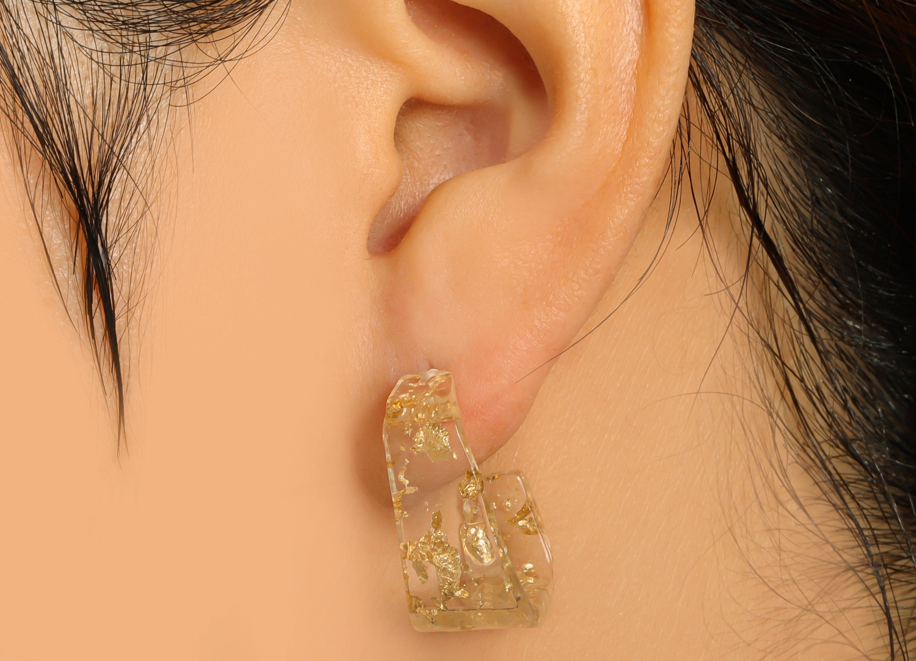 Acrylic Hoop Earrings Stud - Acrylic Wide Gold Foil & Confetti Earring - Square Earring Post - Color Code:979- 26x21x2.8mm - AC2617-A979 - DOMEDBAZAAR