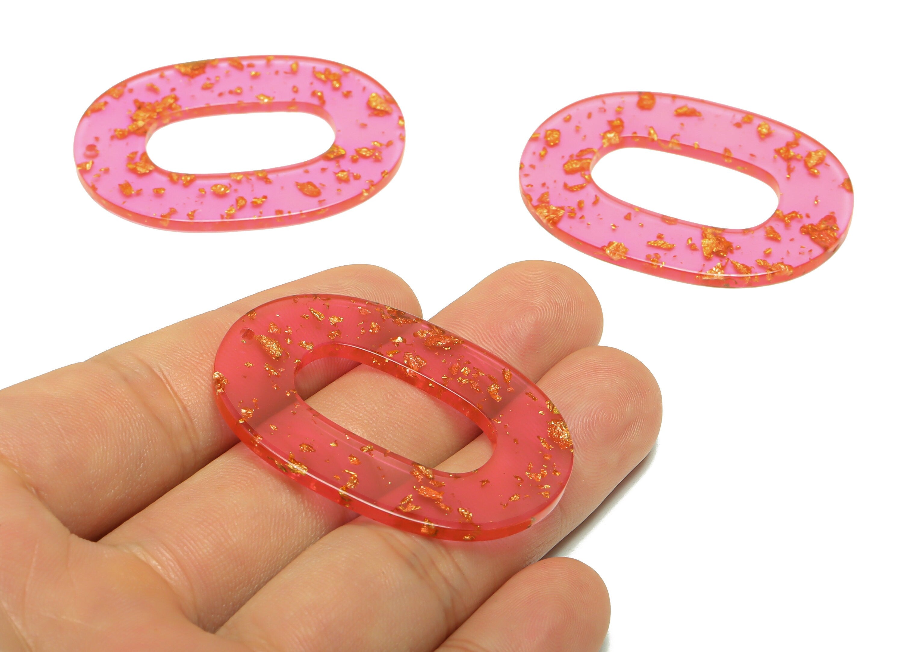 Acrylic Oval Charms - Oval Earrings and Pendant - Pink Transparent Gold Foil Charm - Color Code:A444 - 47x34x2mm - AC2618-A444 - DOMEDBAZAAR