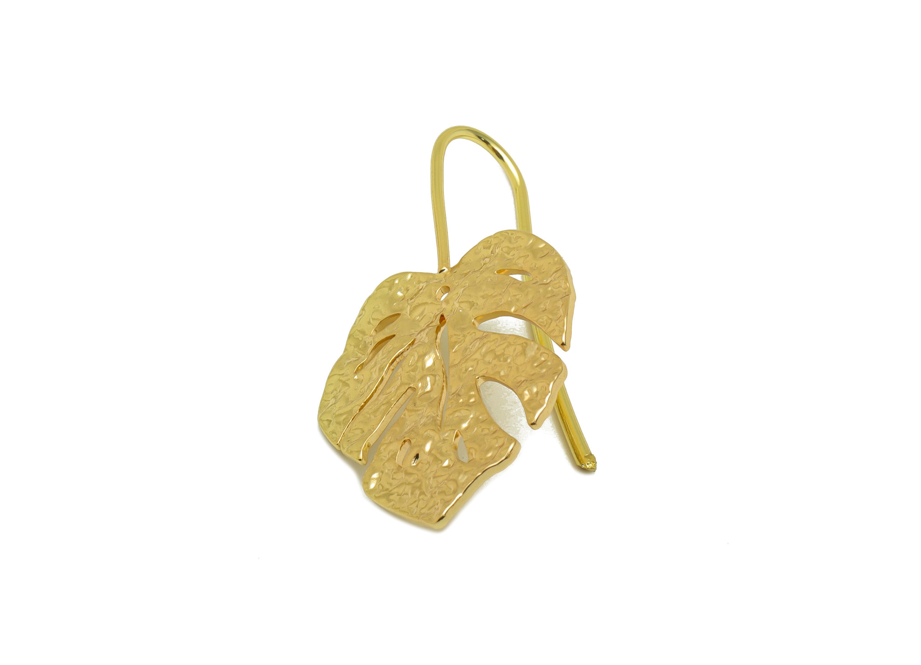 Brass Monstera Earring Wire - Hammered Leaf Earring Hook - Brass Botanical Ear Hooks - 18K Real Gold Plated - 38.17x20.88x1.45mm - RGP6720 - DOMEDBAZAAR