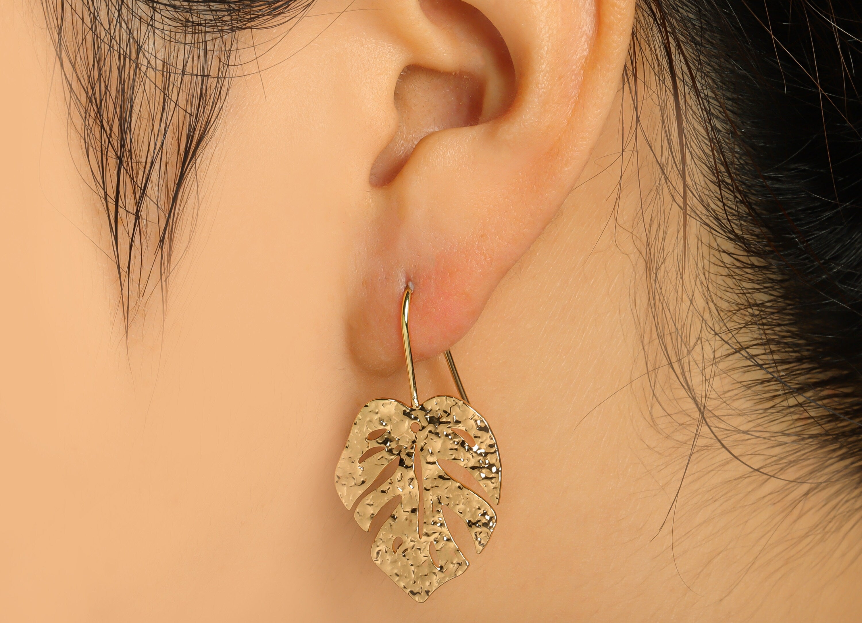 Brass Monstera Earring Wire - Hammered Leaf Earring Hook - Brass Botanical Ear Hooks - 18K Real Gold Plated - 38.17x20.88x1.45mm - RGP6720 - DOMEDBAZAAR