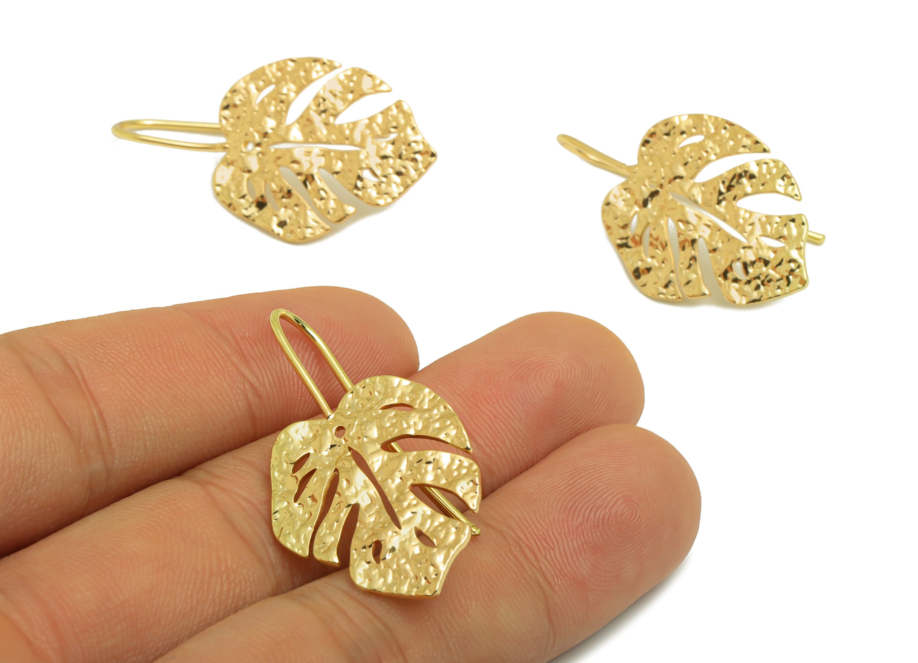 Brass Monstera Earring Wire - Hammered Leaf Earring Hook - Brass Botanical Ear Hooks - 18K Real Gold Plated - 38.17x20.88x1.45mm - RGP6720 - DOMEDBAZAAR
