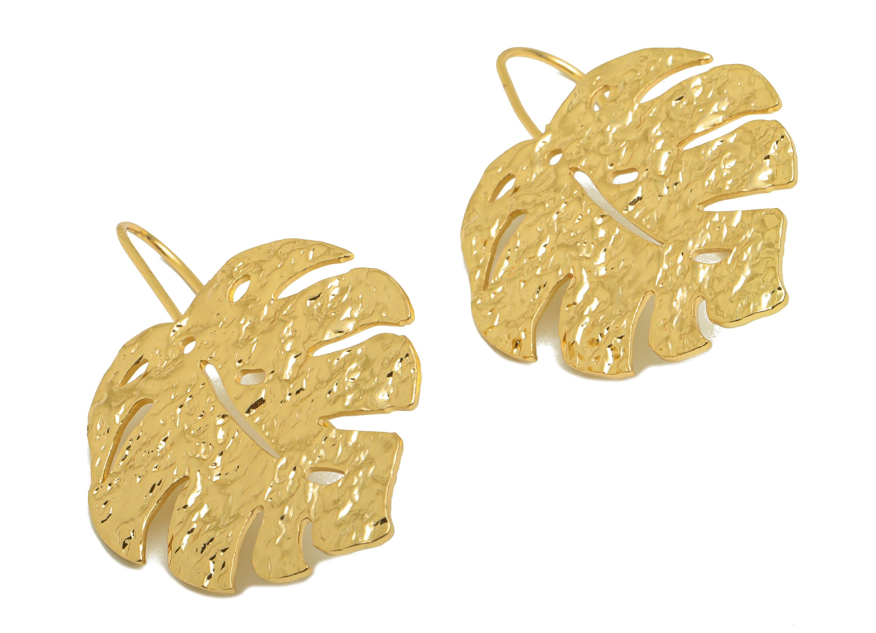Brass Monstera Earring Wire - Hammered Leaf Earring Hook - Brass Botanical Ear Hooks - 18K Real Gold Plated - 42x 28.88x 1.42mm - RGP6719 - DOMEDBAZAAR