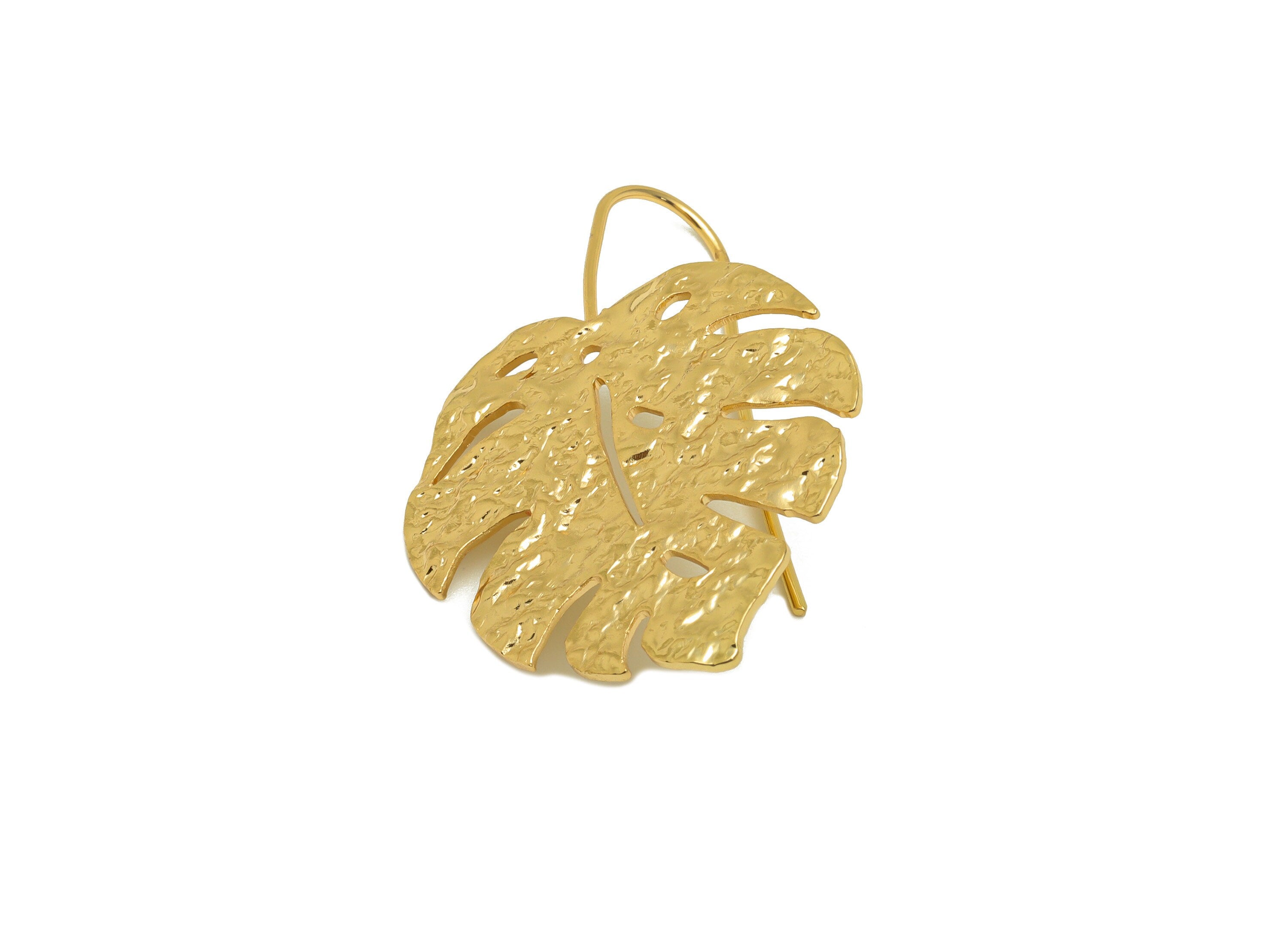 Brass Monstera Earring Wire - Hammered Leaf Earring Hook - Brass Botanical Ear Hooks - 18K Real Gold Plated - 42x 28.88x 1.42mm - RGP6719 - DOMEDBAZAAR