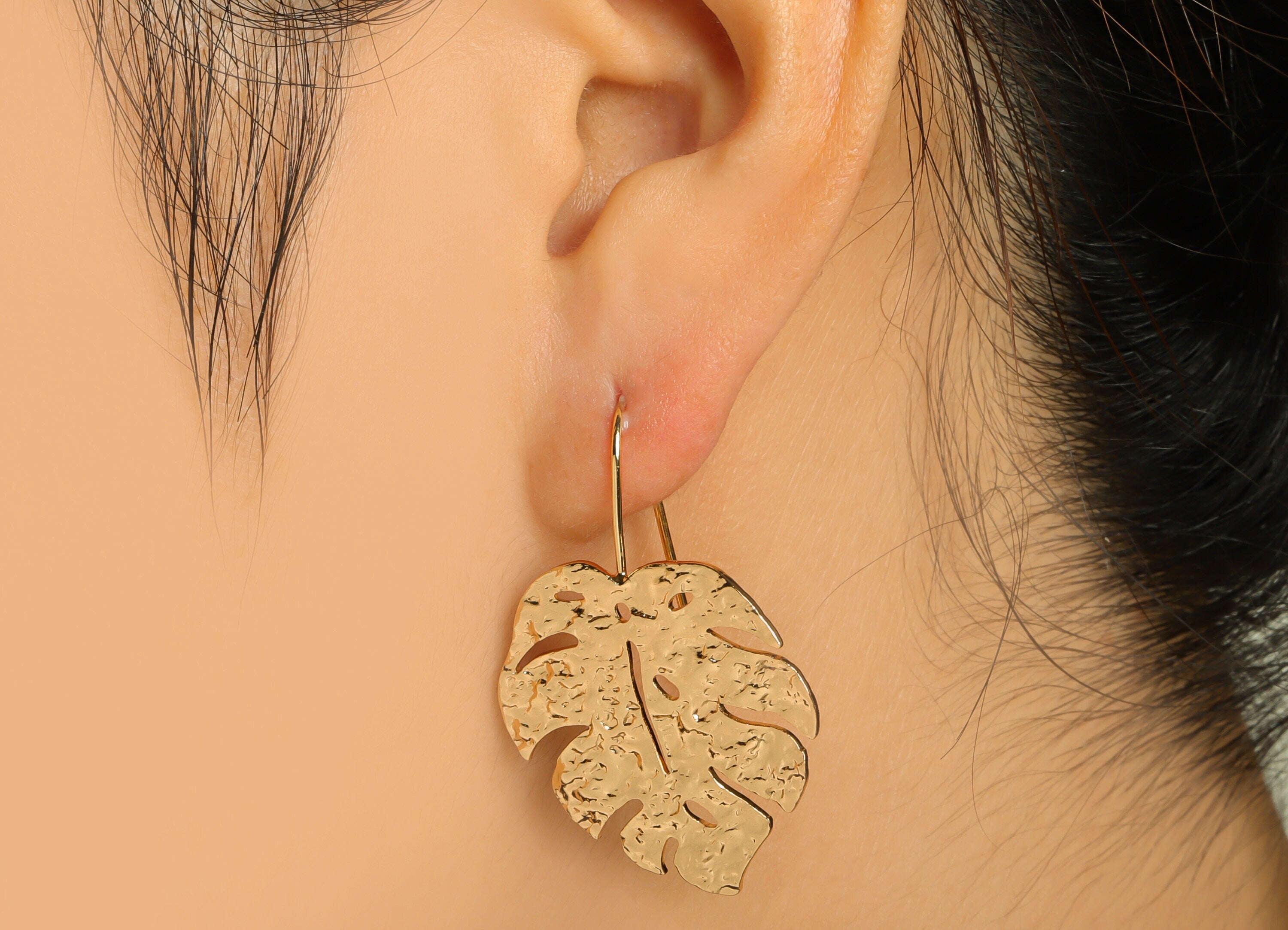 Brass Monstera Earring Wire - Hammered Leaf Earring Hook - Brass Botanical Ear Hooks - 18K Real Gold Plated - 42x 28.88x 1.42mm - RGP6719 - DOMEDBAZAAR
