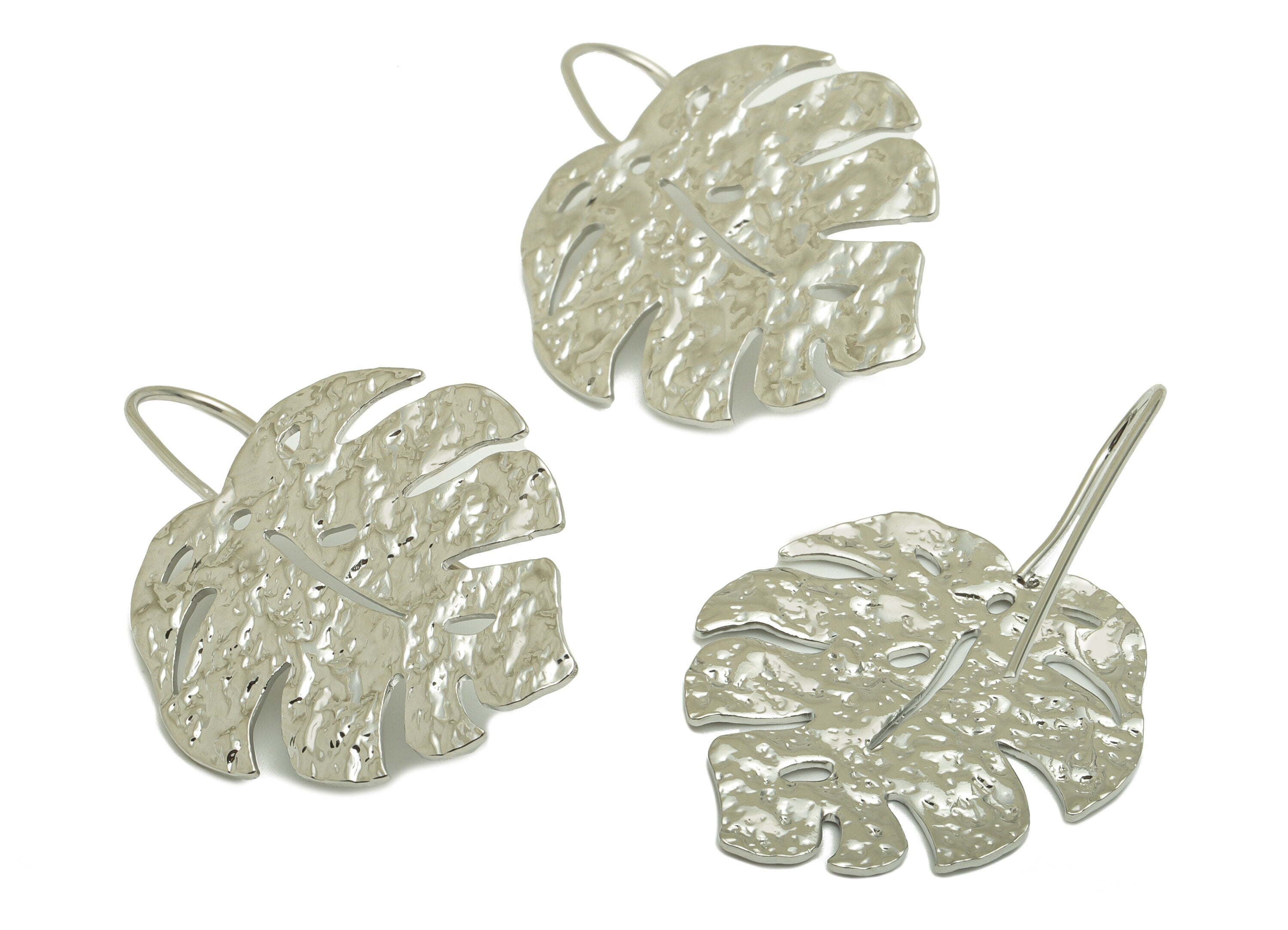 Brass Monstera Earring Wire - Hammered Leaf Earring Hook - Brass Botanical Ear Hooks - 18K Real White Gold - 42x 28.88x 1.42mm - RGP6719S - DOMEDBAZAAR