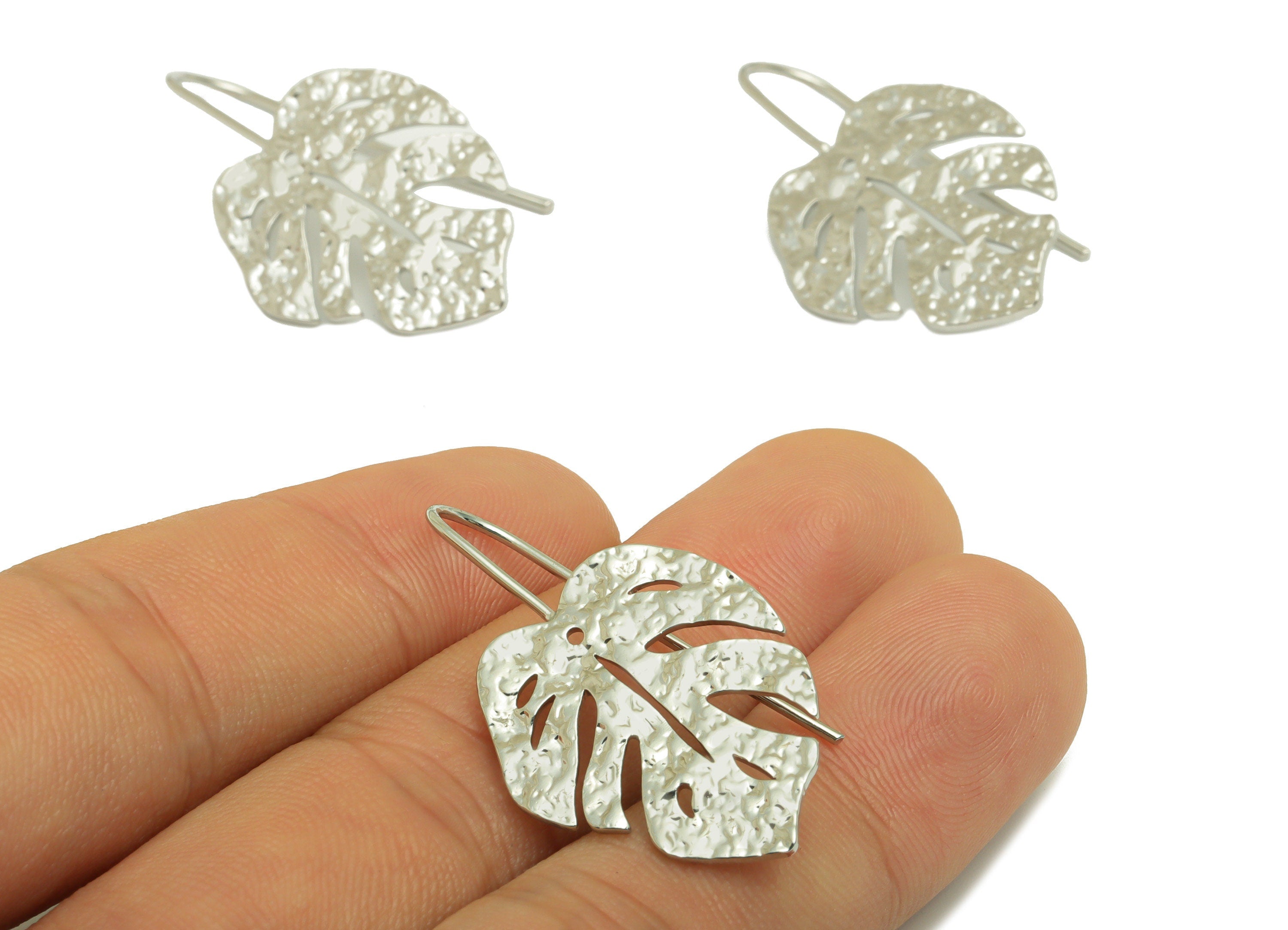 Brass Monstera Earring Wire - Hammered Leaf Earring Hook - Brass Botanical Ear Hooks - 18K Real White Gold - 38.17x20.88x1.45mm - RGP6720S - DOMEDBAZAAR