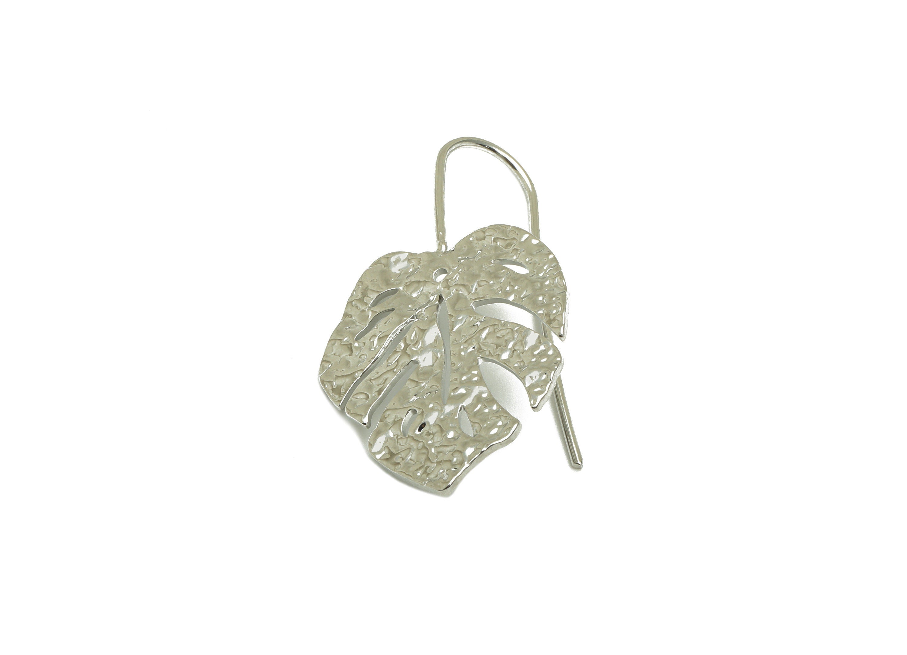 Brass Monstera Earring Wire - Hammered Leaf Earring Hook - Brass Botanical Ear Hooks - 18K Real White Gold - 38.17x20.88x1.45mm - RGP6720S - DOMEDBAZAAR