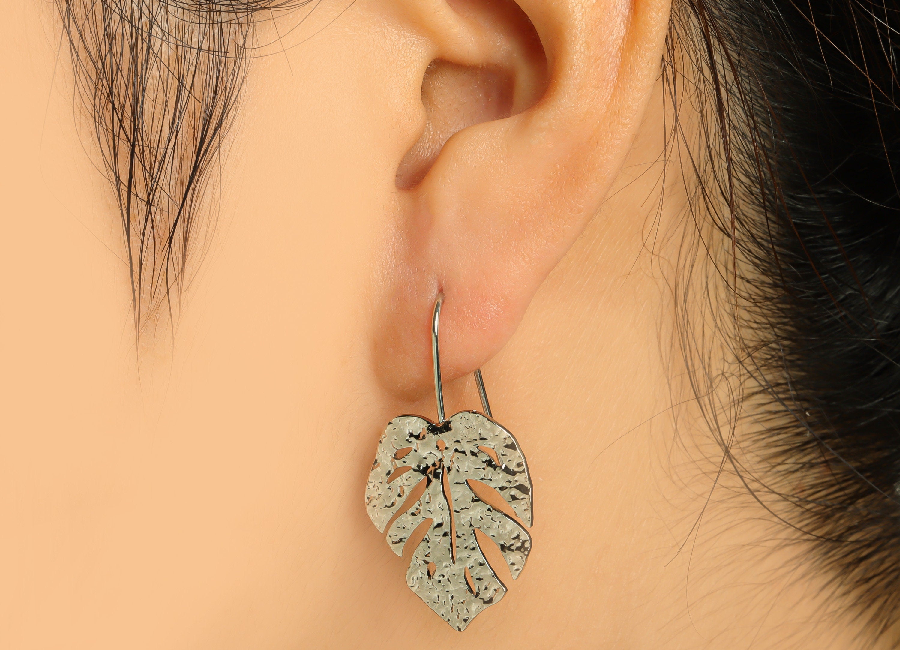 Brass Monstera Earring Wire - Hammered Leaf Earring Hook - Brass Botanical Ear Hooks - 18K Real White Gold - 38.17x20.88x1.45mm - RGP6720S - DOMEDBAZAAR