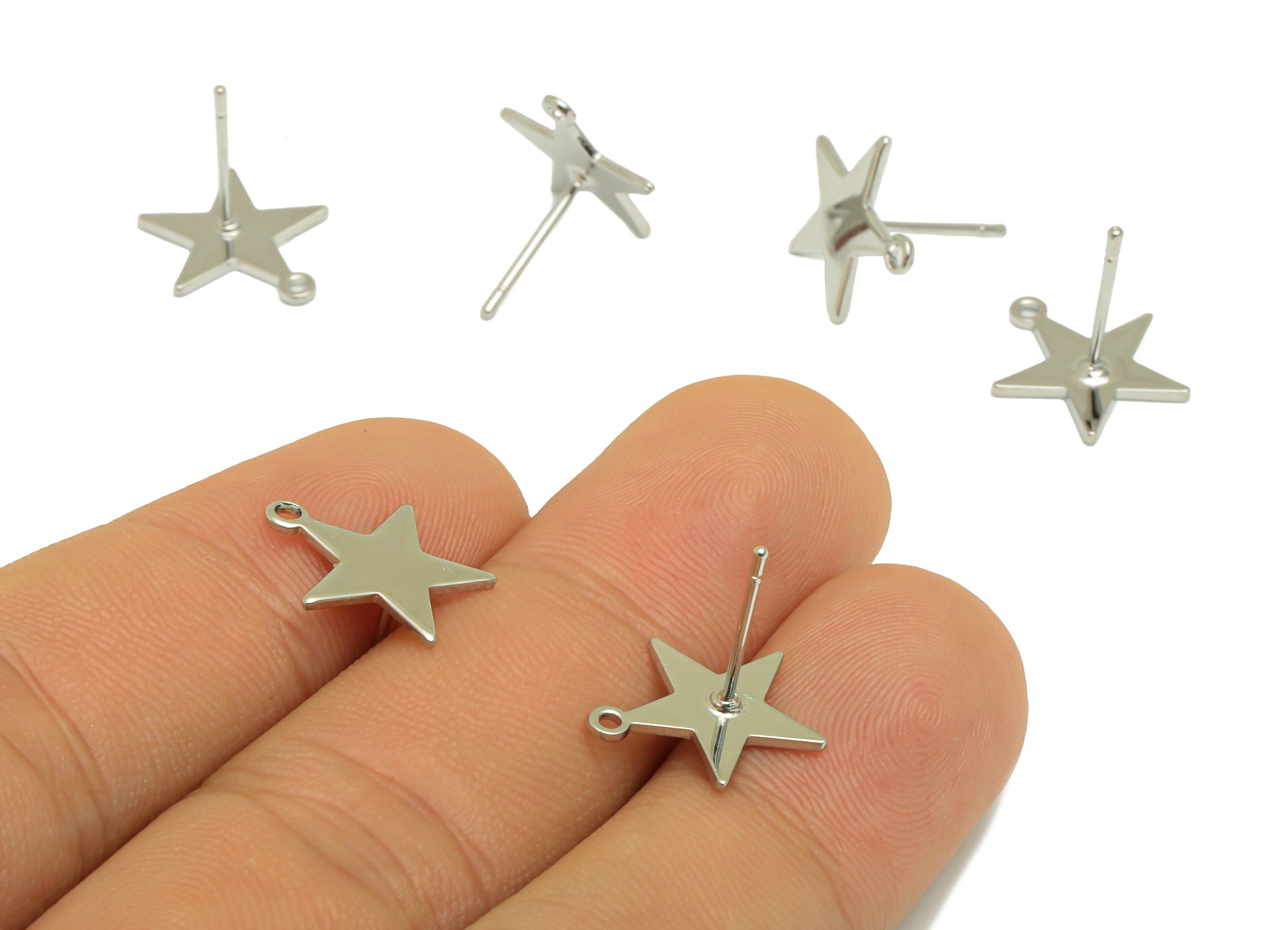 Brass Star Earring Post - Brass Stud With Loop - Stainless Steel Stud - 18K Real White Gold - Star Post - 13.78x12.81x1.09mm -RGP5178S - DOMEDBAZAAR