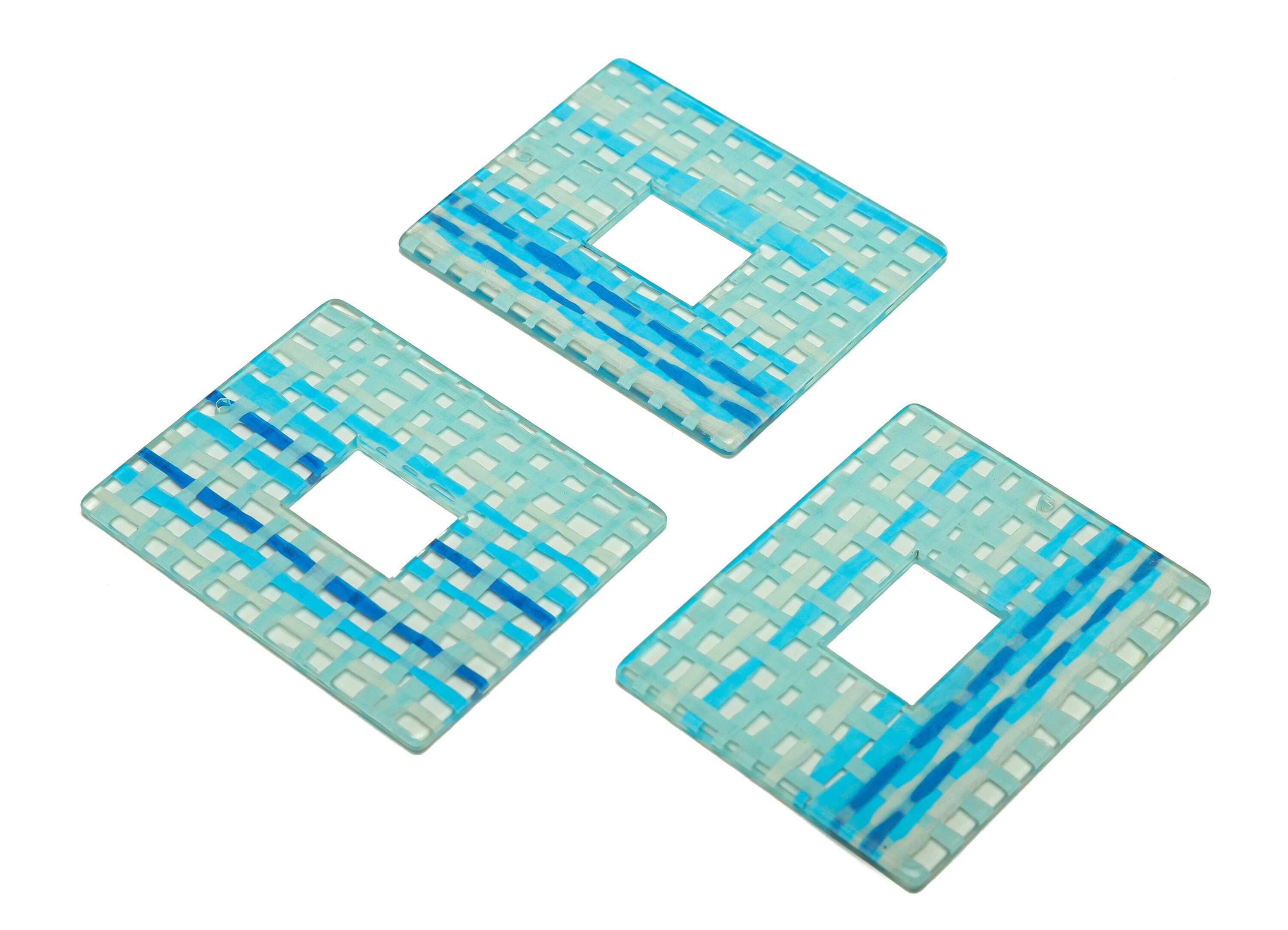 Acrylic Rectangle Charm - Acrylic Blue Weave Pendant - Scotch ploid Rectangle Earring Charm - Code: A540 - 44.14x34.7x2.44mm - AC2614-A540 - DOMEDBAZAAR