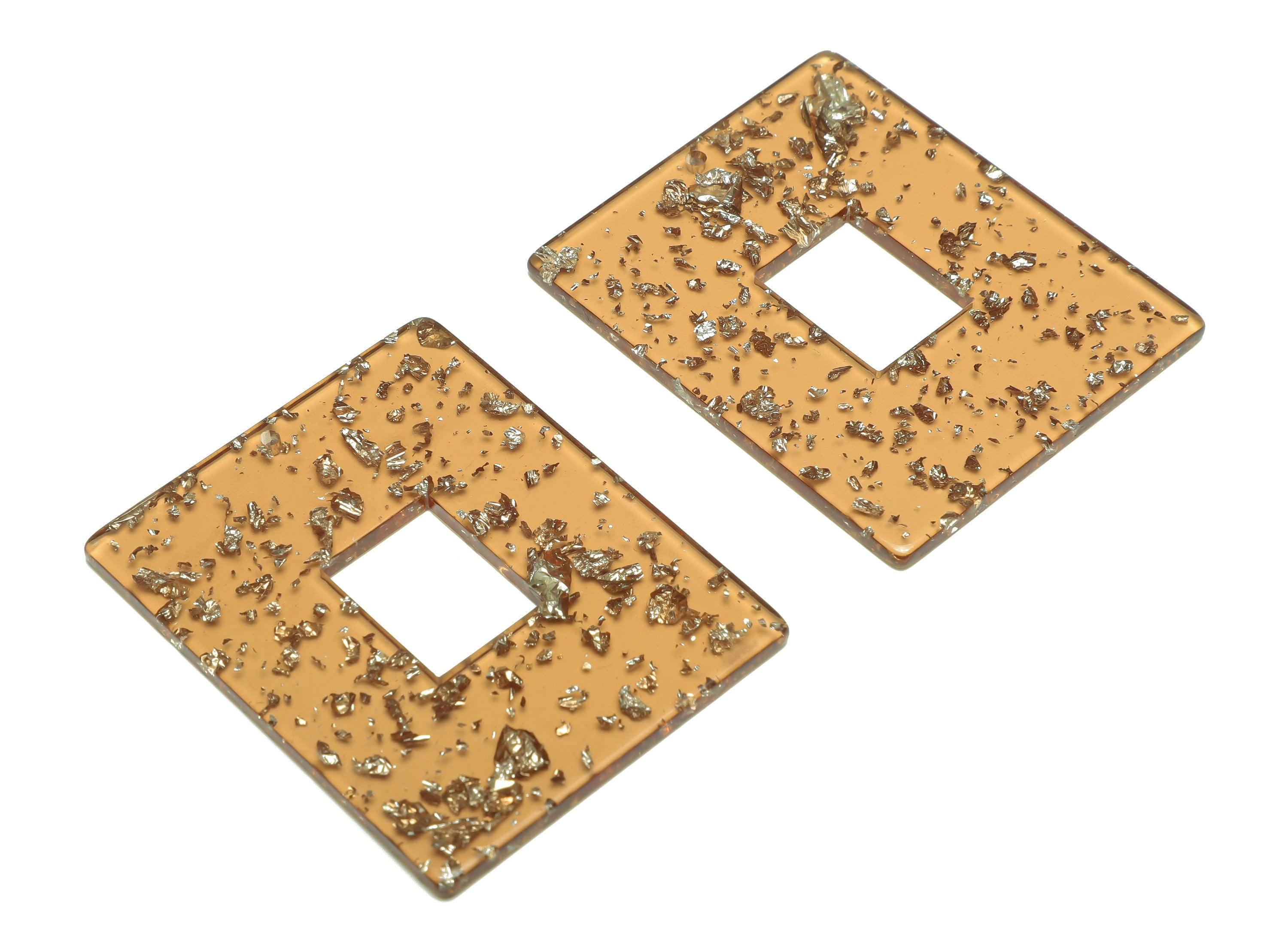 Acrylic Rectangle Charm - Brown & Gold Confetti Pendant - Big Rectangle Earring Charm - Jewelry Making - Code: A509- 49x40x2mm - AC2614-A509 - DOMEDBAZAAR