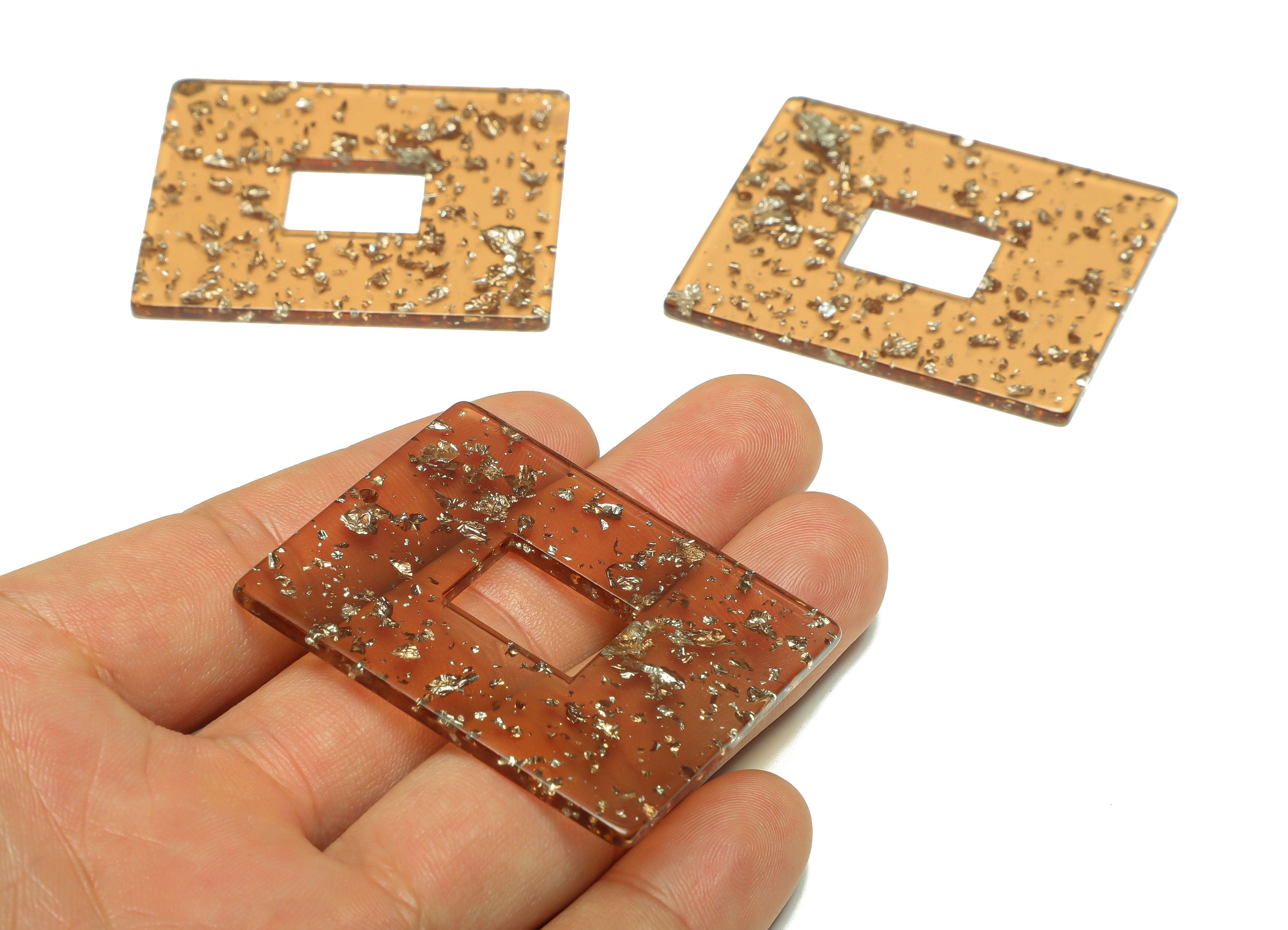 Acrylic Rectangle Charm - Brown & Gold Confetti Pendant - Big Rectangle Earring Charm - Jewelry Making - Code: A509- 49x40x2mm - AC2614-A509 - DOMEDBAZAAR