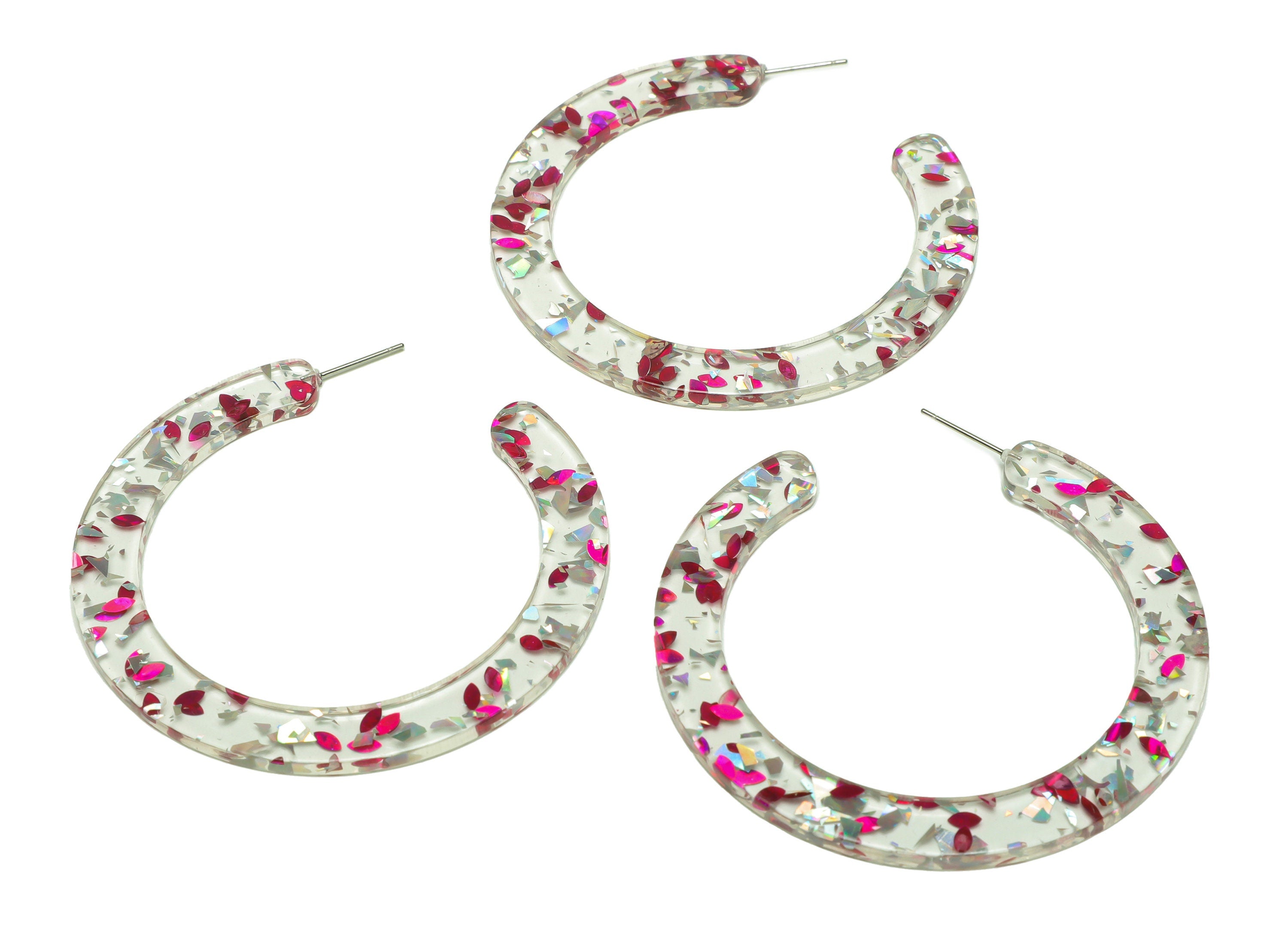 Acrylic Hoop Earrings Stud - Acrylic Open Hoop Earring - Silver Pink Foil Transparent Earring Hoop - Color Code:438- 61x60x2mm - AC2615-A438 - DOMEDBAZAAR